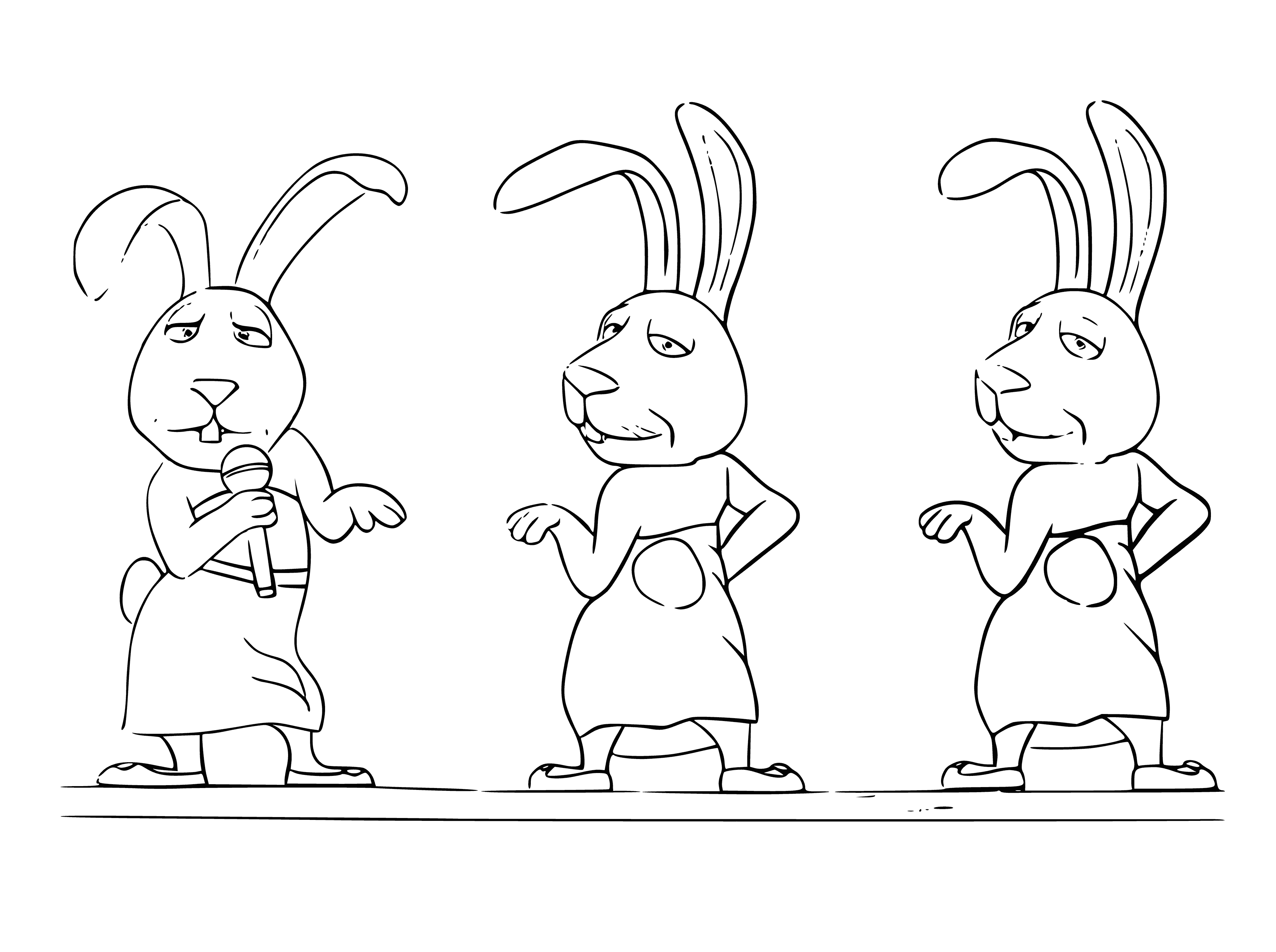 coloring page: Two rabbits sing, light brown looks up, dark brown has eyes closed, both have arms raised. #theater