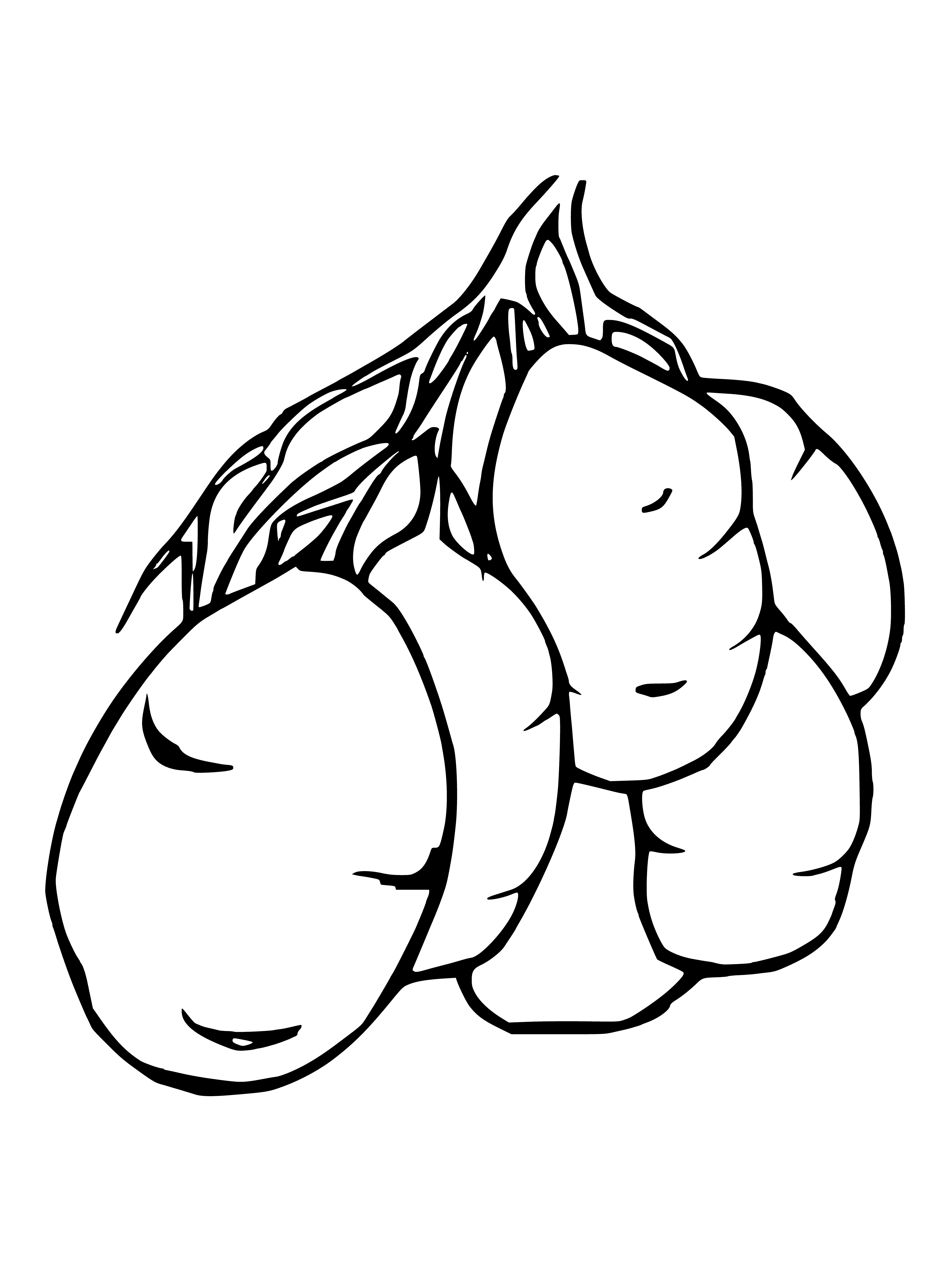 coloring page: Potatoes: long & slender; light brown, sm. bumps & points; slightly curved.