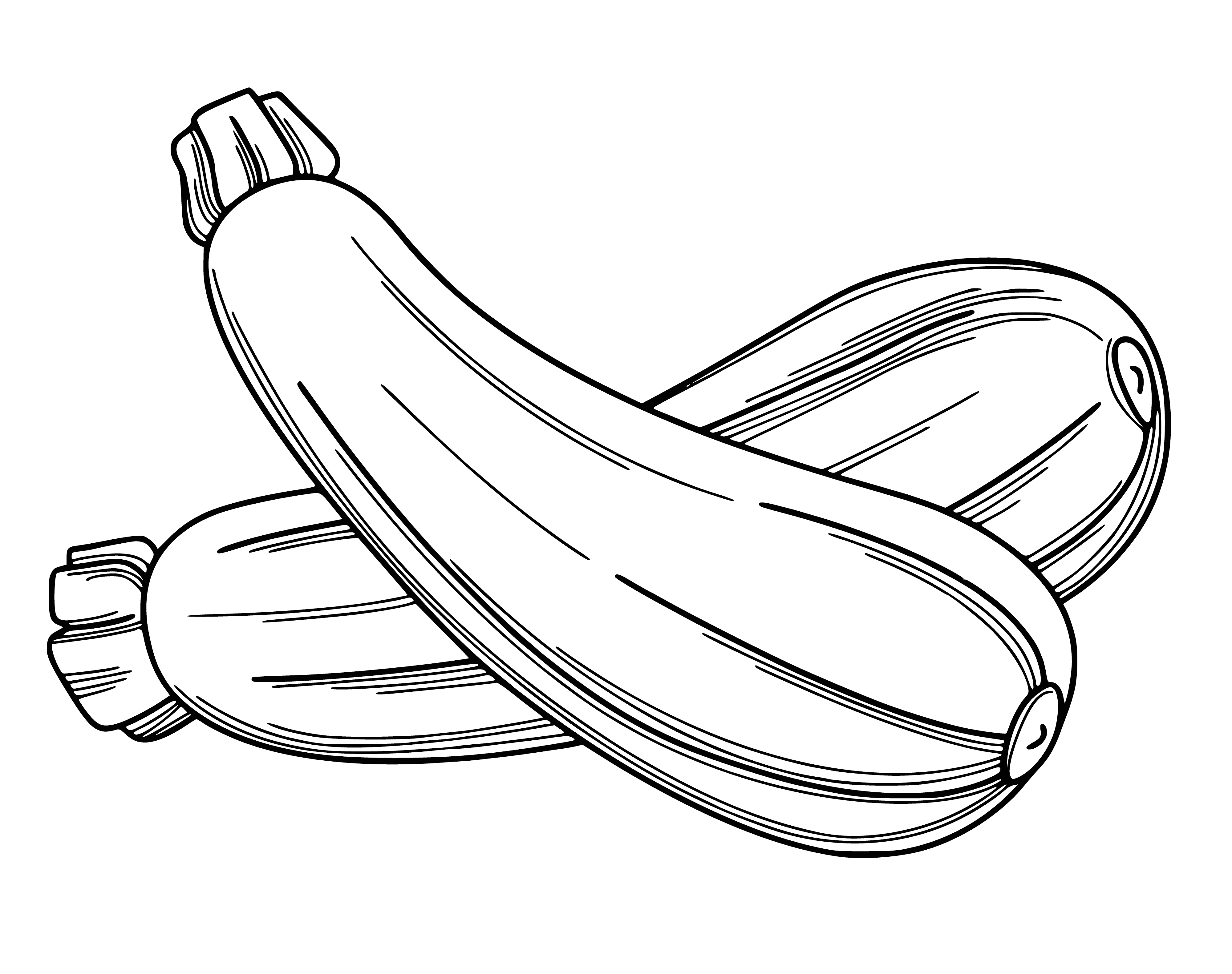 coloring page: Three zucchinis of different sizes and shades of green with bumps and curves.