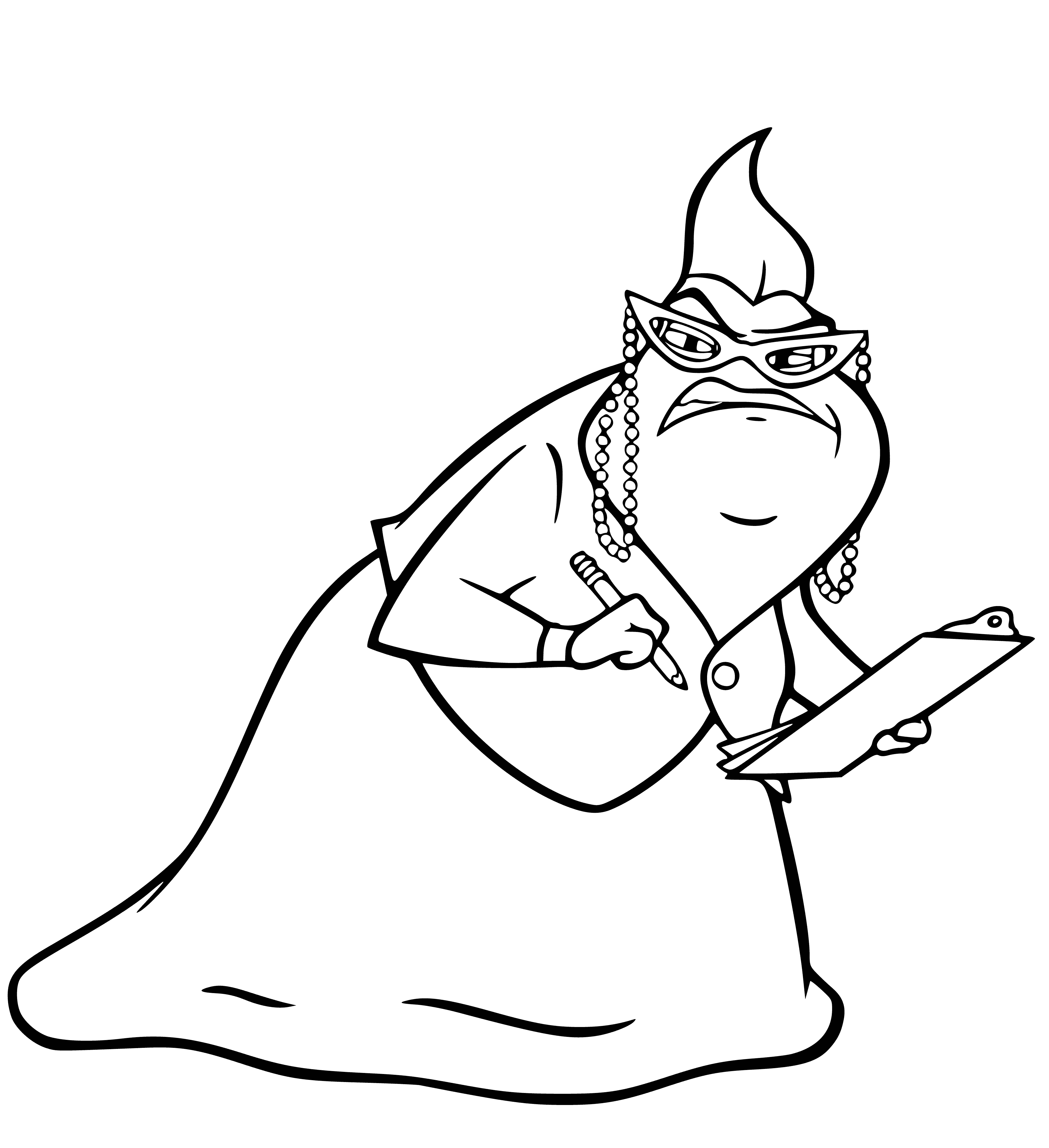 coloring page: Aunt Angry: big green slimy monster, 3 eyes, big mouth, sharp teeth, wearing purple dress, blue scarf, very angry.