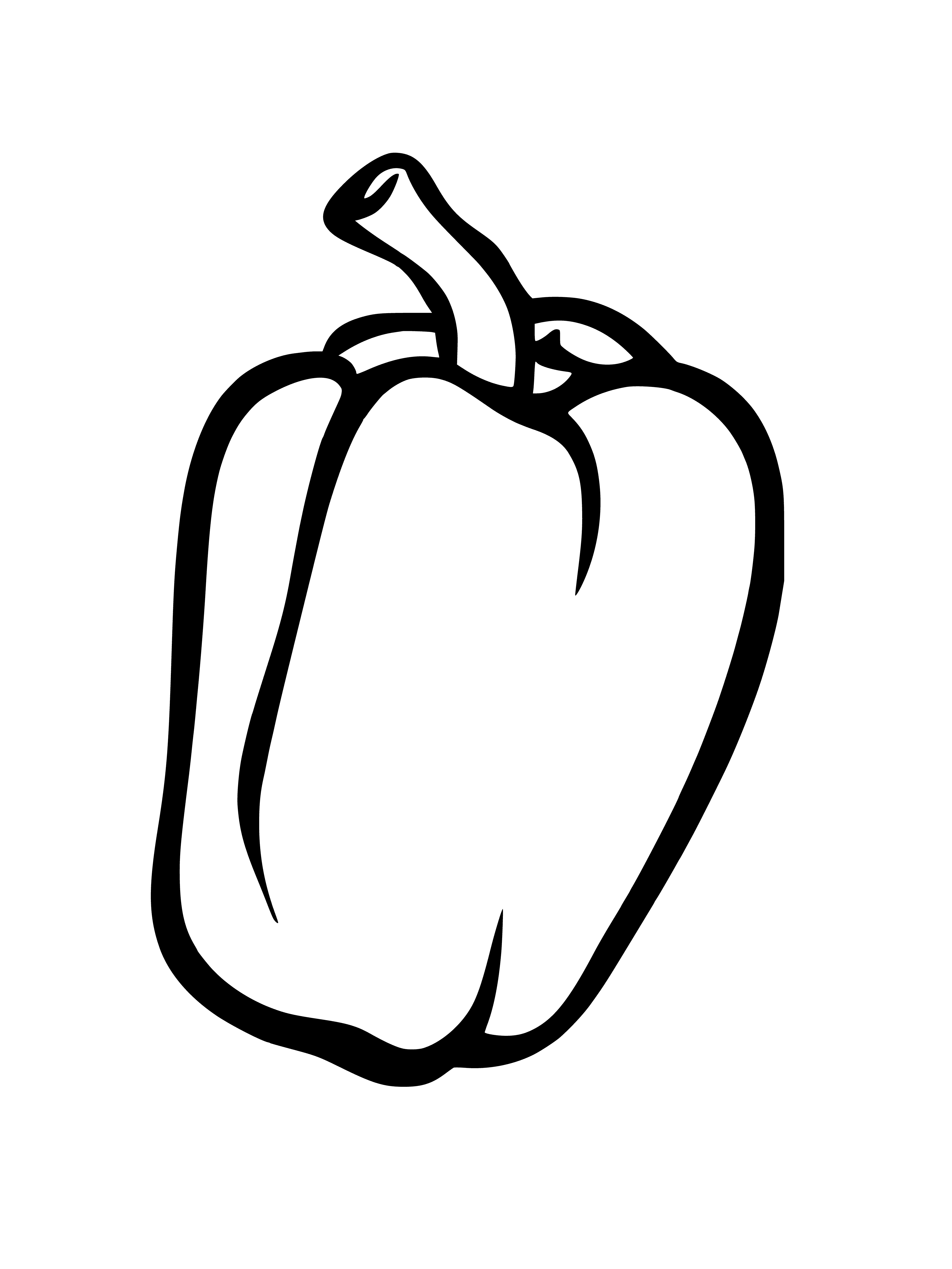 coloring page: Coloring page of red bell pepper with smooth, shiny surface, long green stem, and curved bottom. #coloring #veggiedrawing