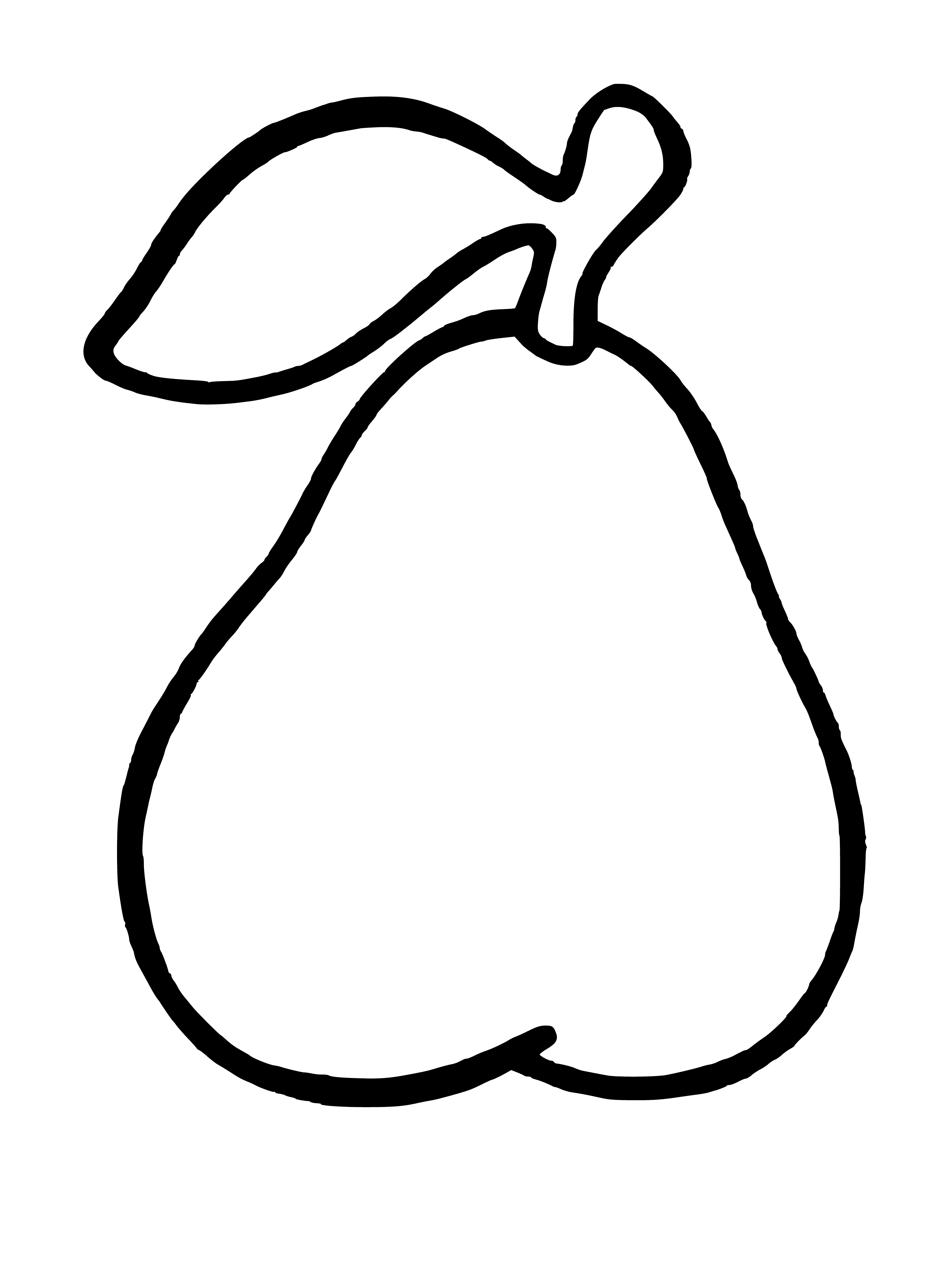 coloring page: Light brown pear cut in half revealing yellowish insides with black seeds on white background.