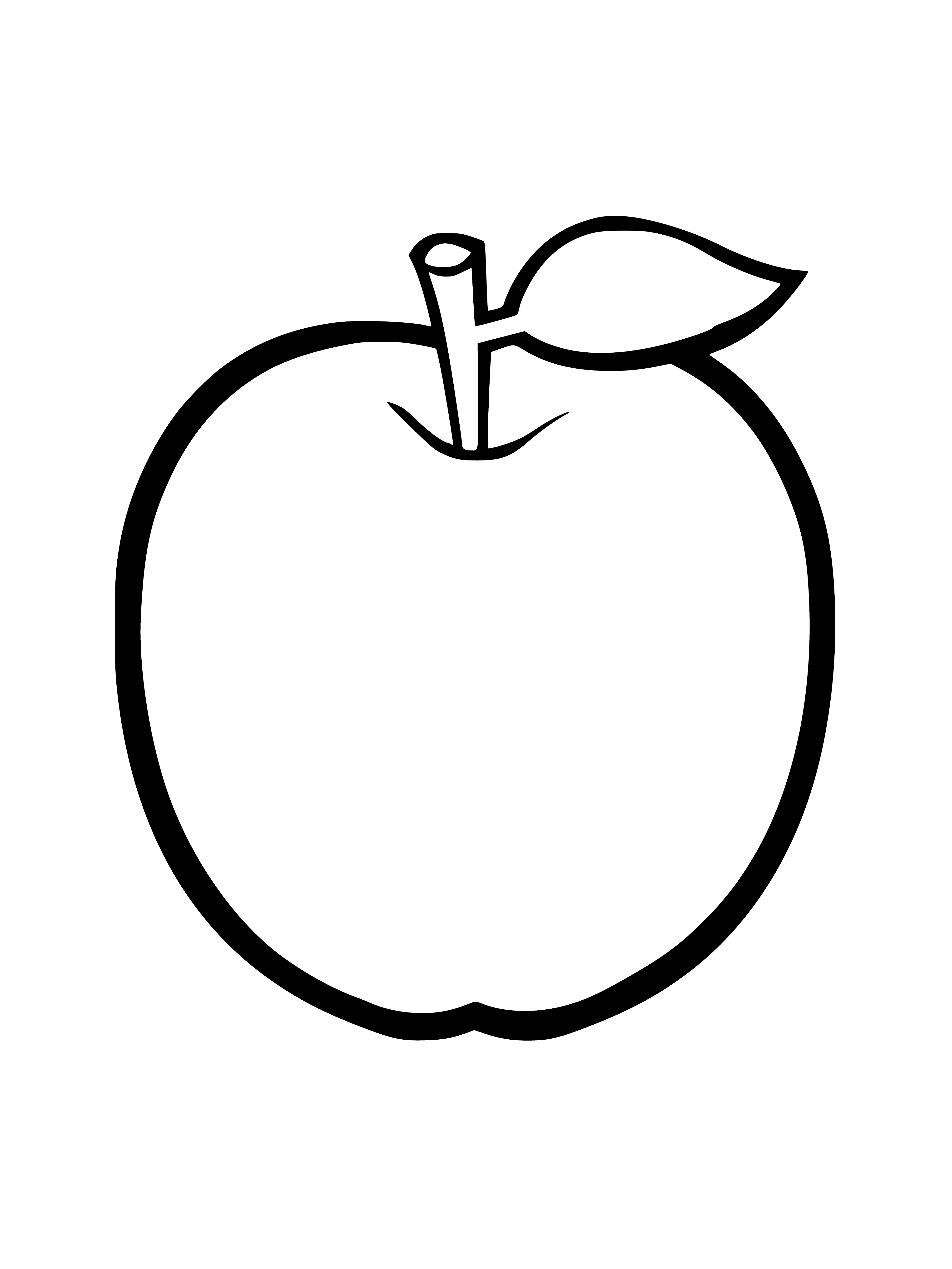 coloring page: Image of an apple cut in half w/ red skin, yellow flesh, brown stem & green leaf. It's juicy & perfect for a snack! #FruitLovers