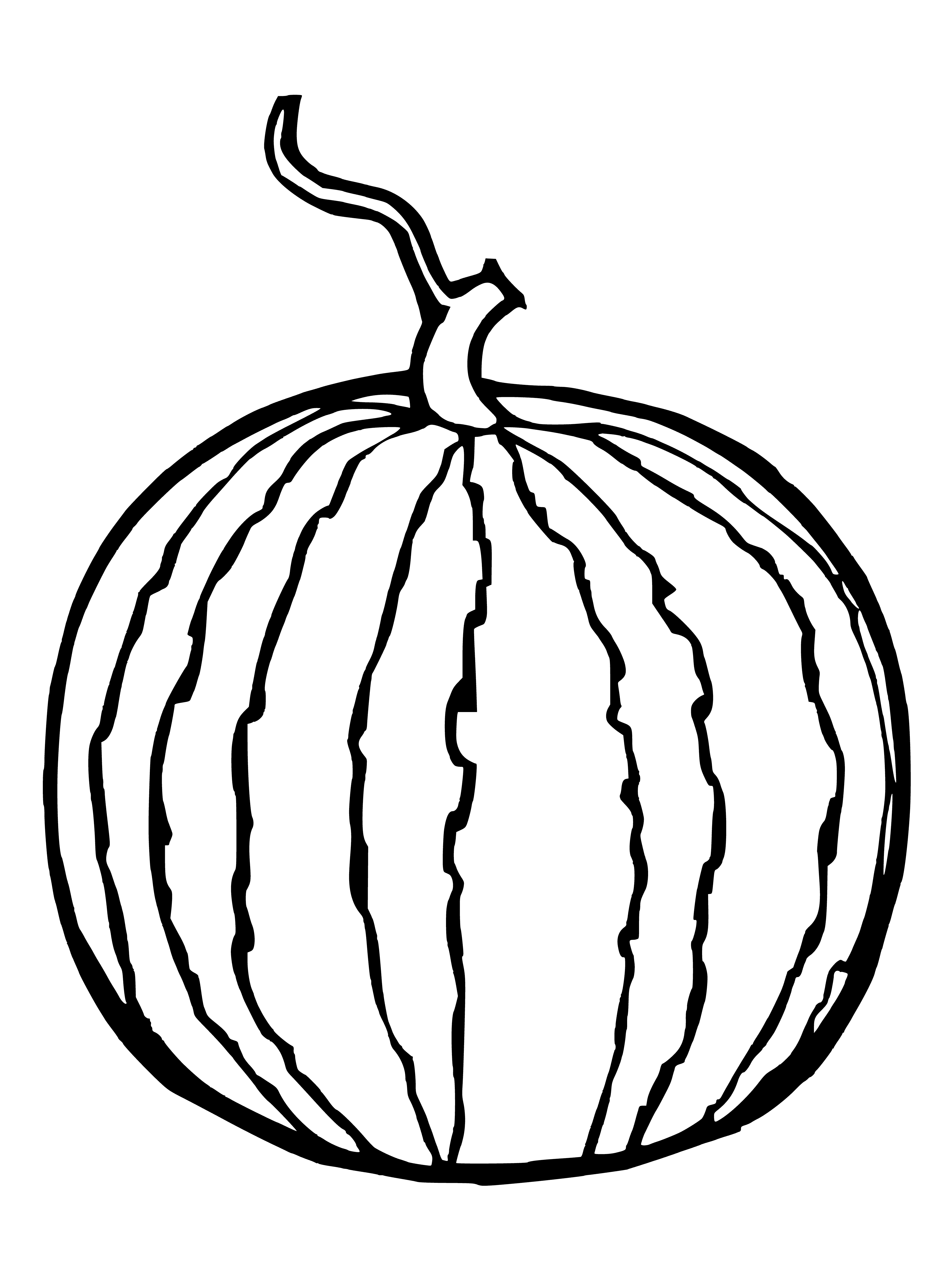 coloring page: Round, green watermelon w/ red interior, thin white rind & black edible seeds.