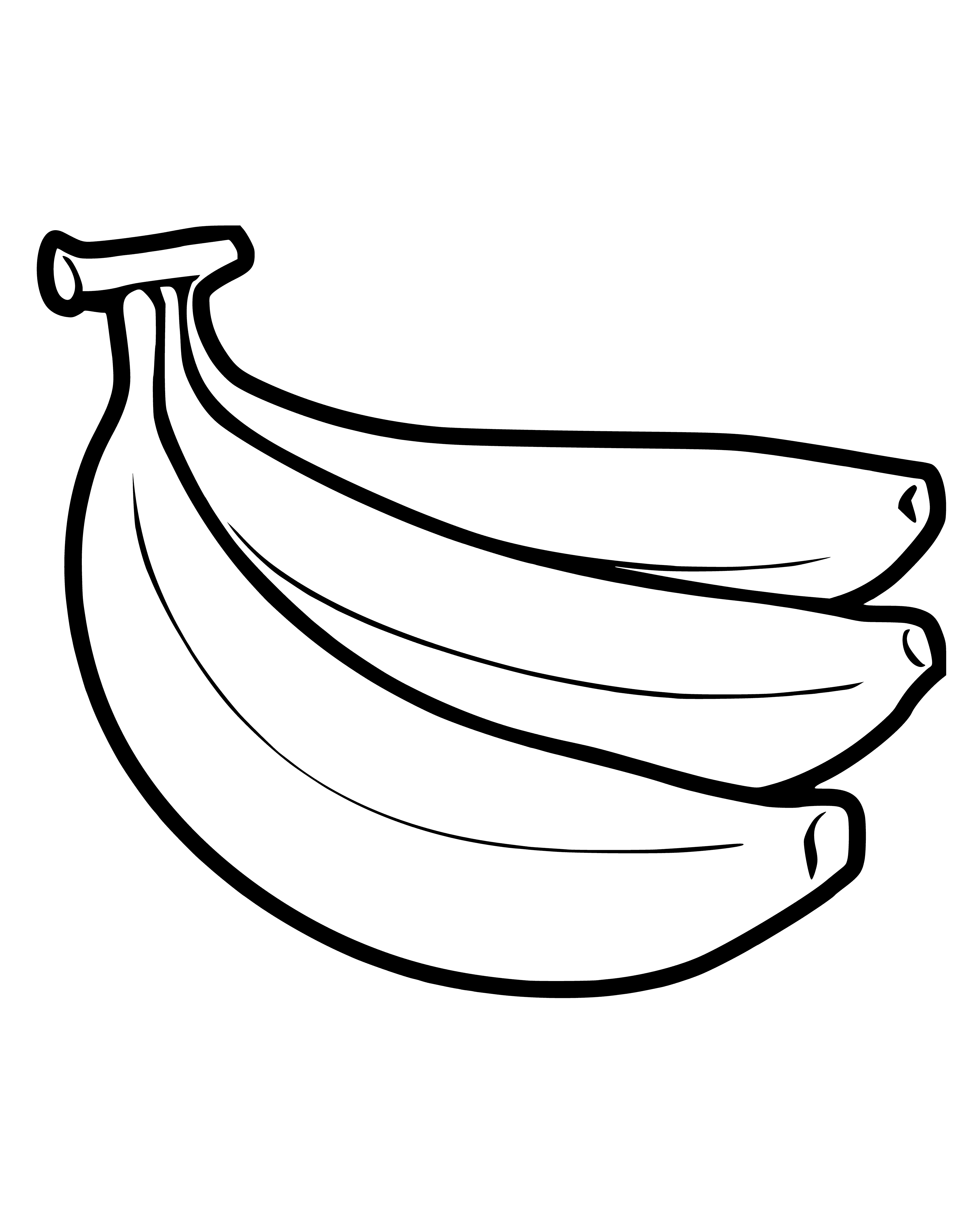 coloring page: Bananas hang from tree, yellow with brown spots & vary in size, some with leaves attached.