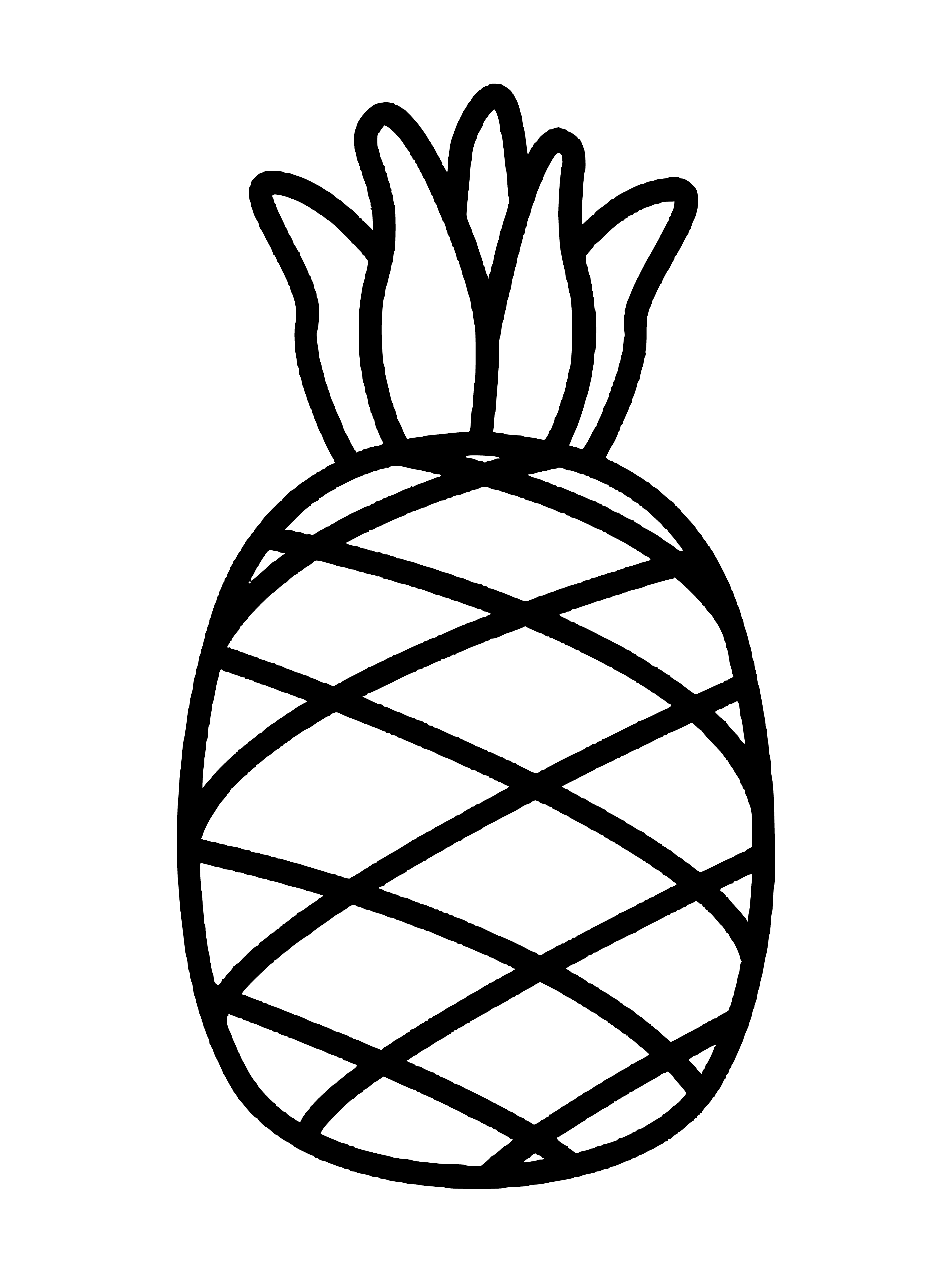 coloring page: Pineapple cut on a cutting board into quarters and slices. Slices lay on board.