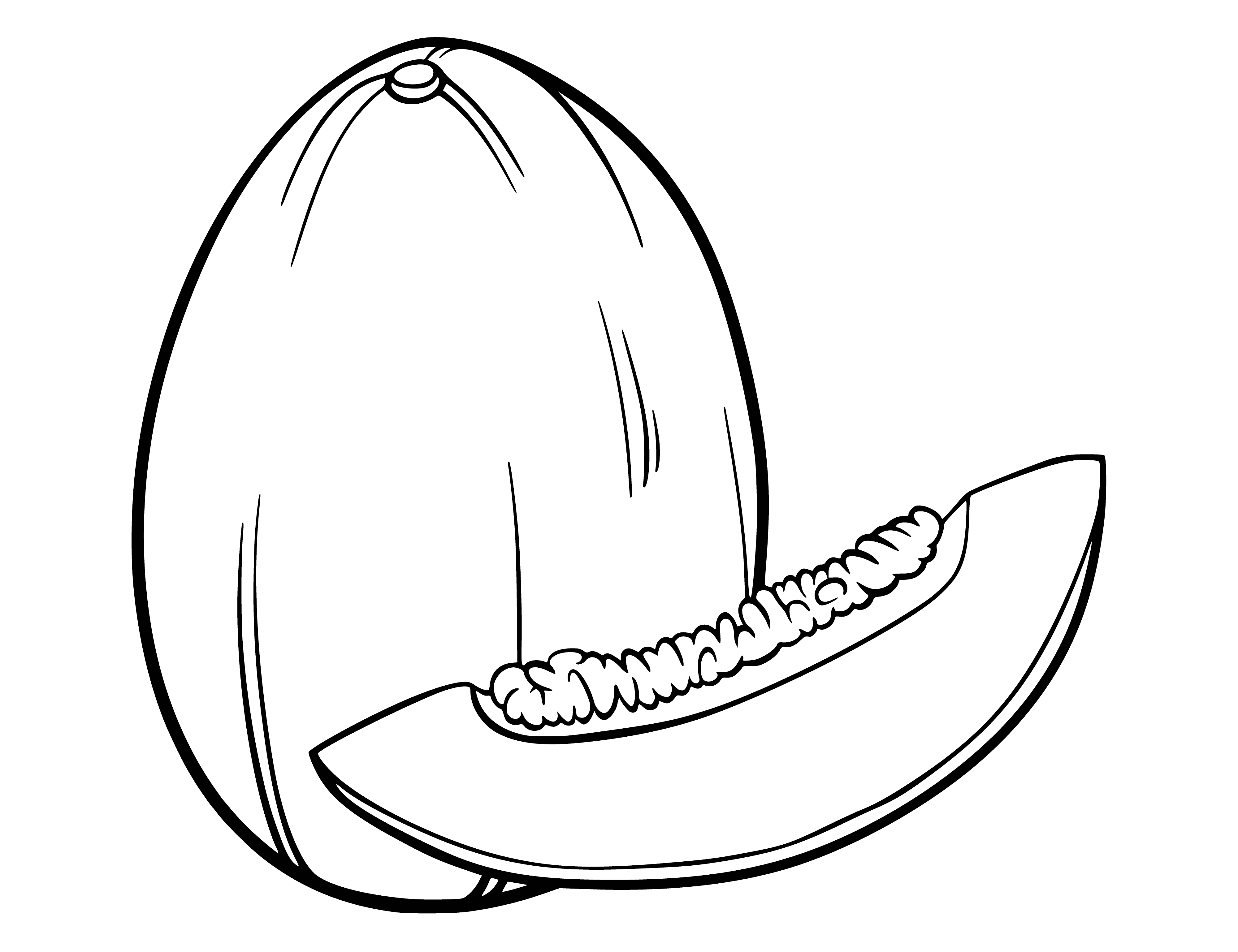 coloring page: Half of a green melon filled with orange seeds. Smooth/bumpy, topped with a green leaf.