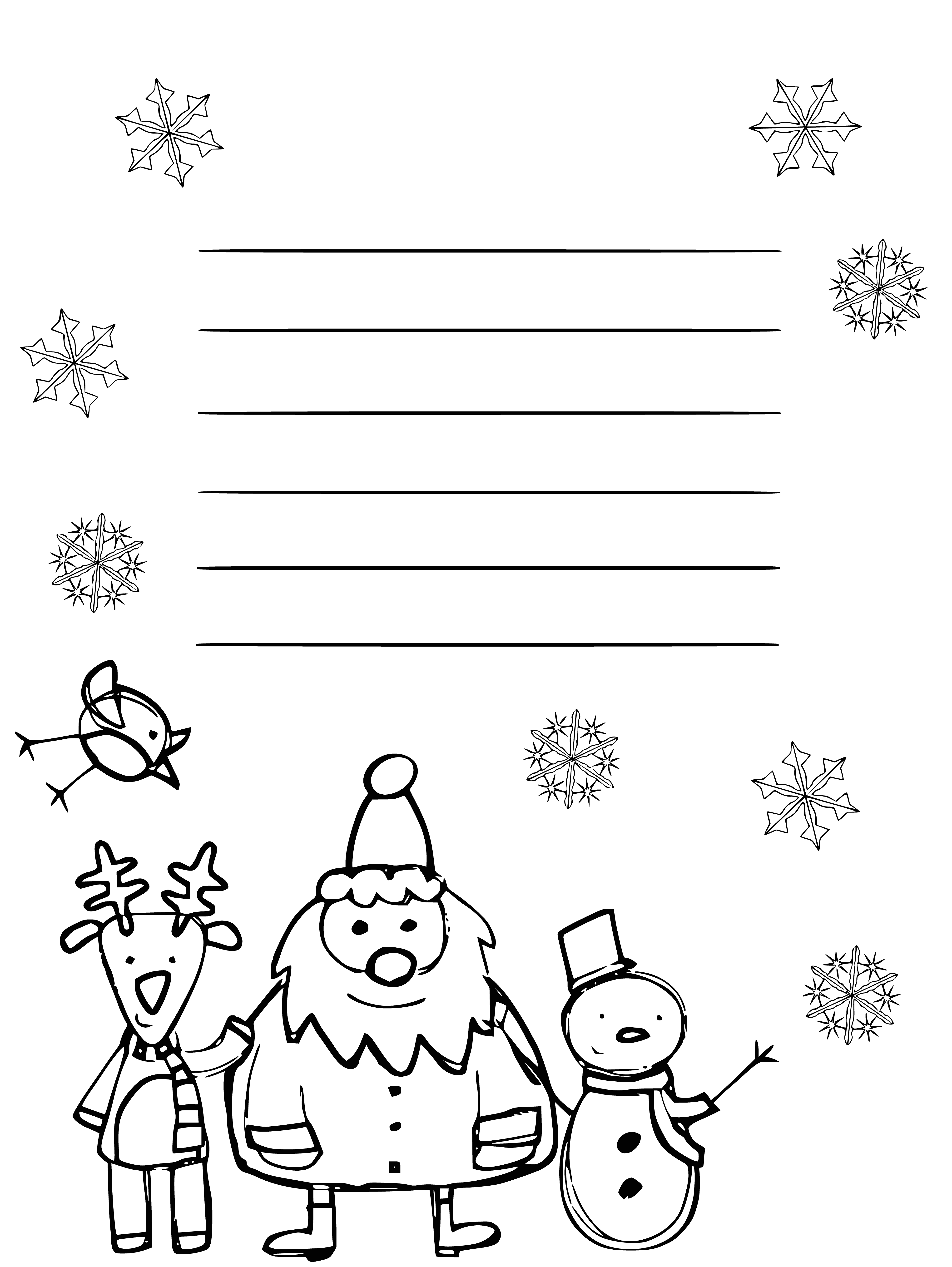 coloring page: Child wants a baby doll, clothes, watch, bicycle. Letter is written in pencil on lined paper and signed.