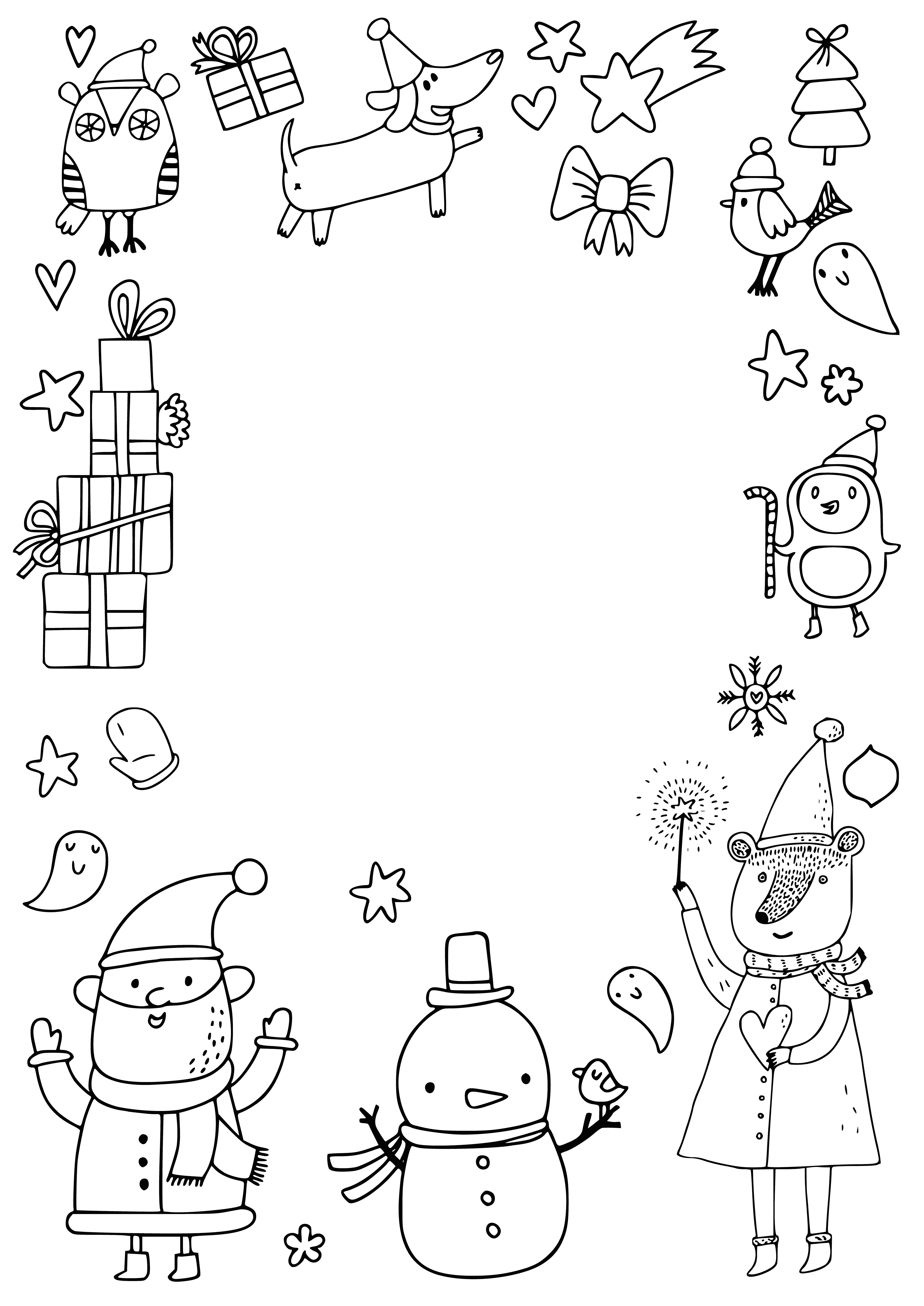 coloring page: "December": written in blue ink at the top left corner. Draw a Christmas tree w/ yellow star, presents & cat, a red & white candy cane. Signature reads "Love, Sarah" at bottom.