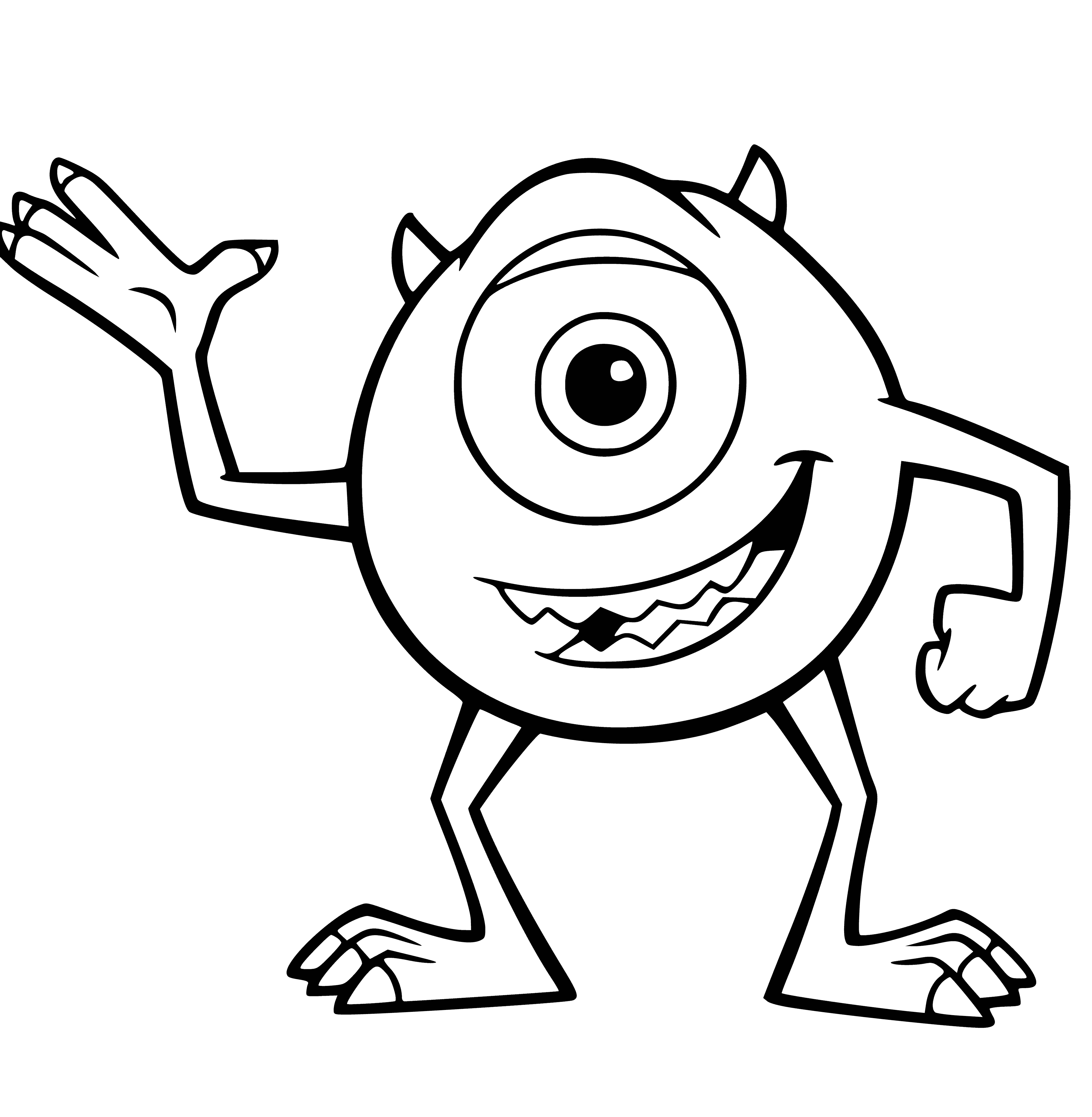 coloring page: A three-eyed, four-armed blue & white monster in a purple shirt w/ green stripes has a mouth full of sharp teeth.
