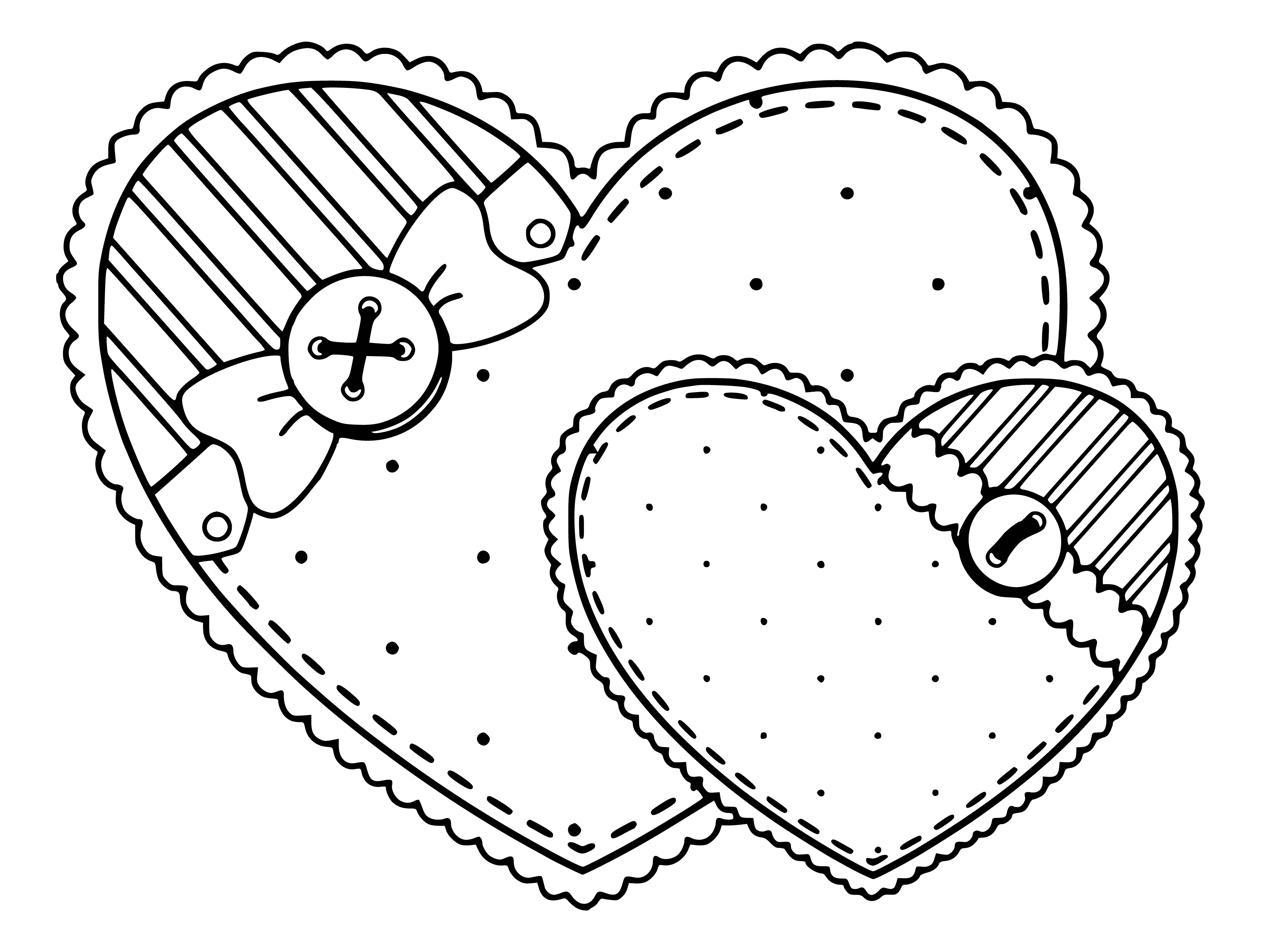 coloring page: Two hearts, red and pink, facing each other and joined at the bottom, create an inviting white space in between.