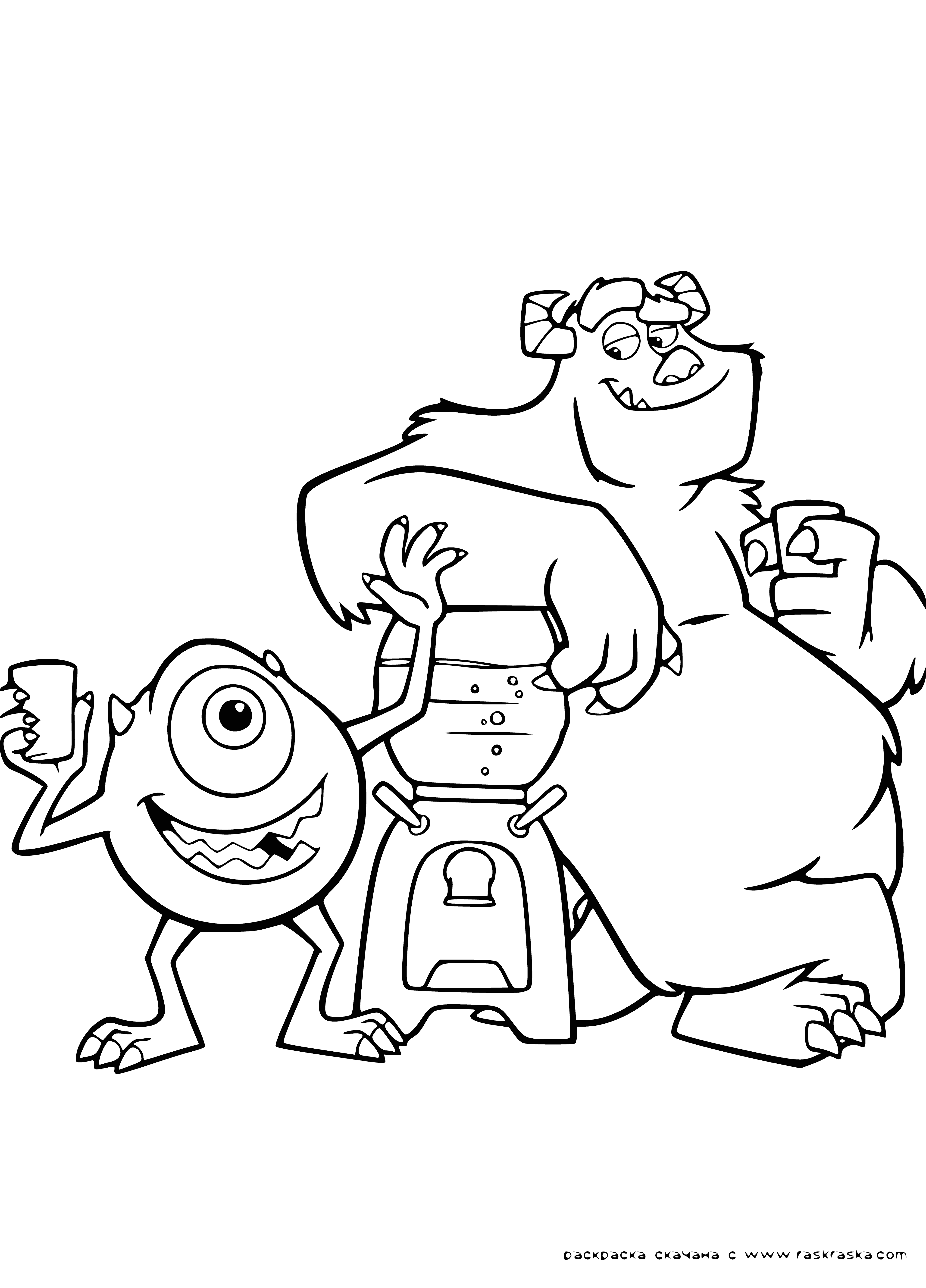 coloring page: Two figures in a coloring page: a big blue multi-eyed creature holding a small yellow one with big eyes & a blue ball.
