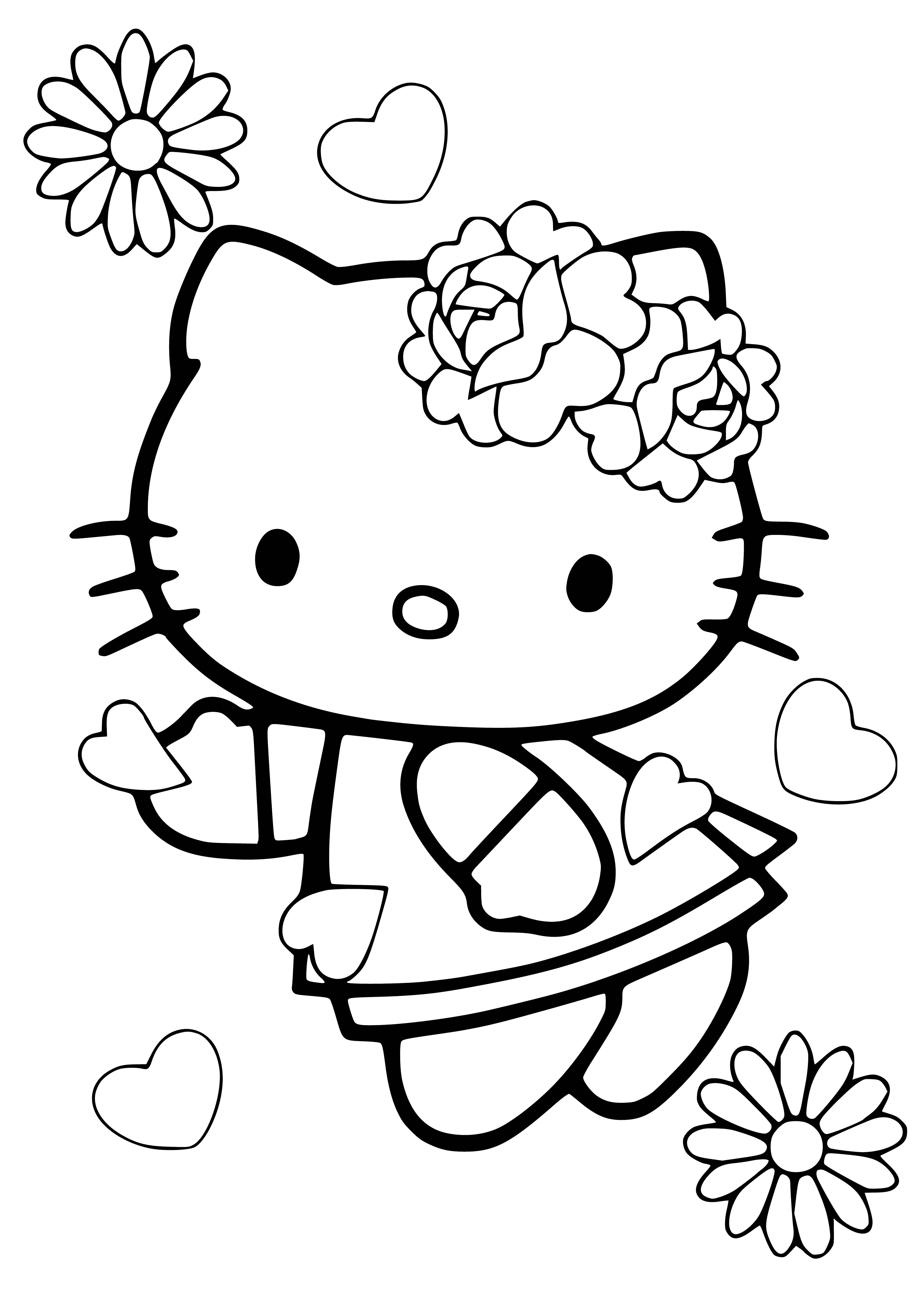coloring page: Hello Kitty wears a pink dress and holds a bouquet of flowers and a box of chocolates for Valentine's Day.