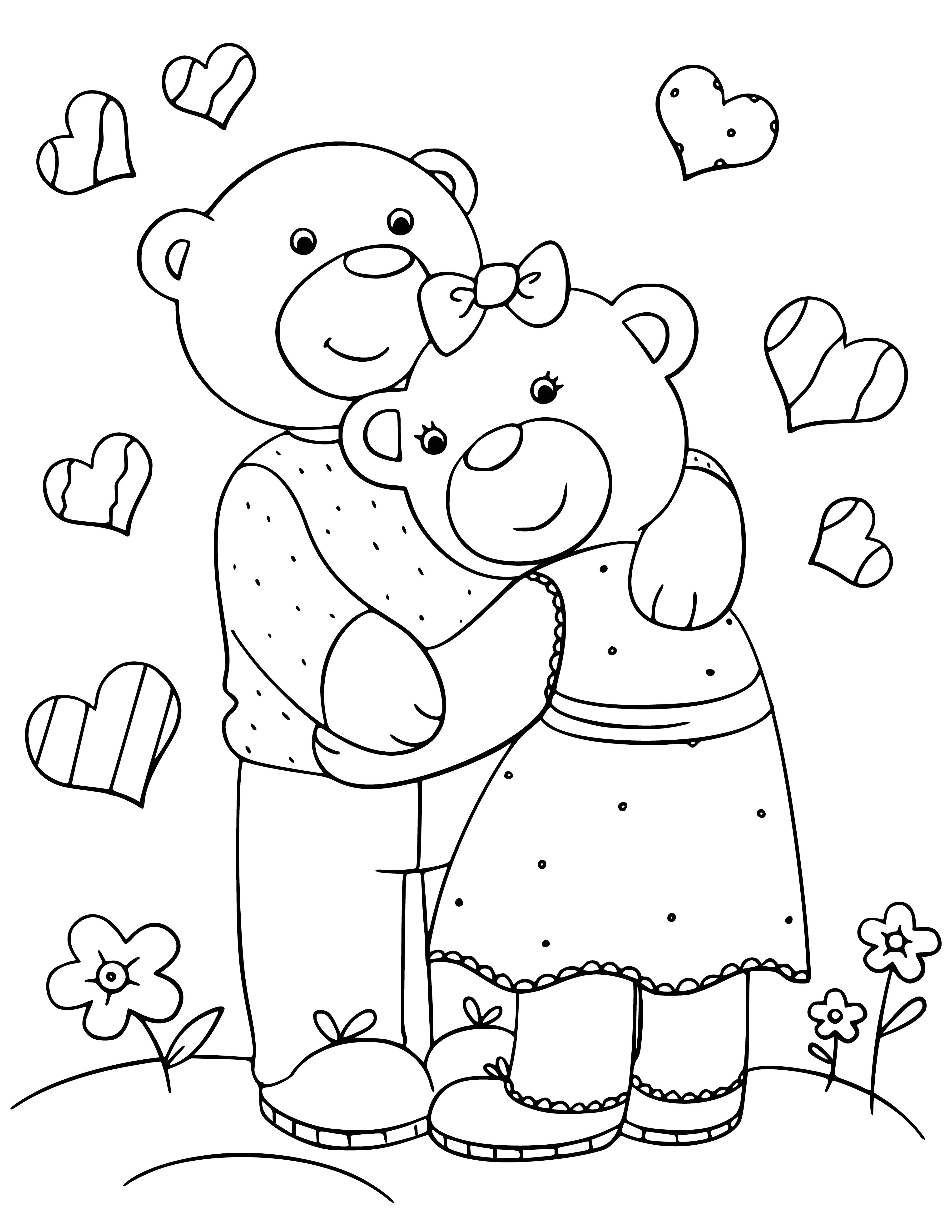 coloring page: Family of 4 bears celebrate Valentine's Day; adults at table; children playing with a toy. #ValentinesDay #BearFamily