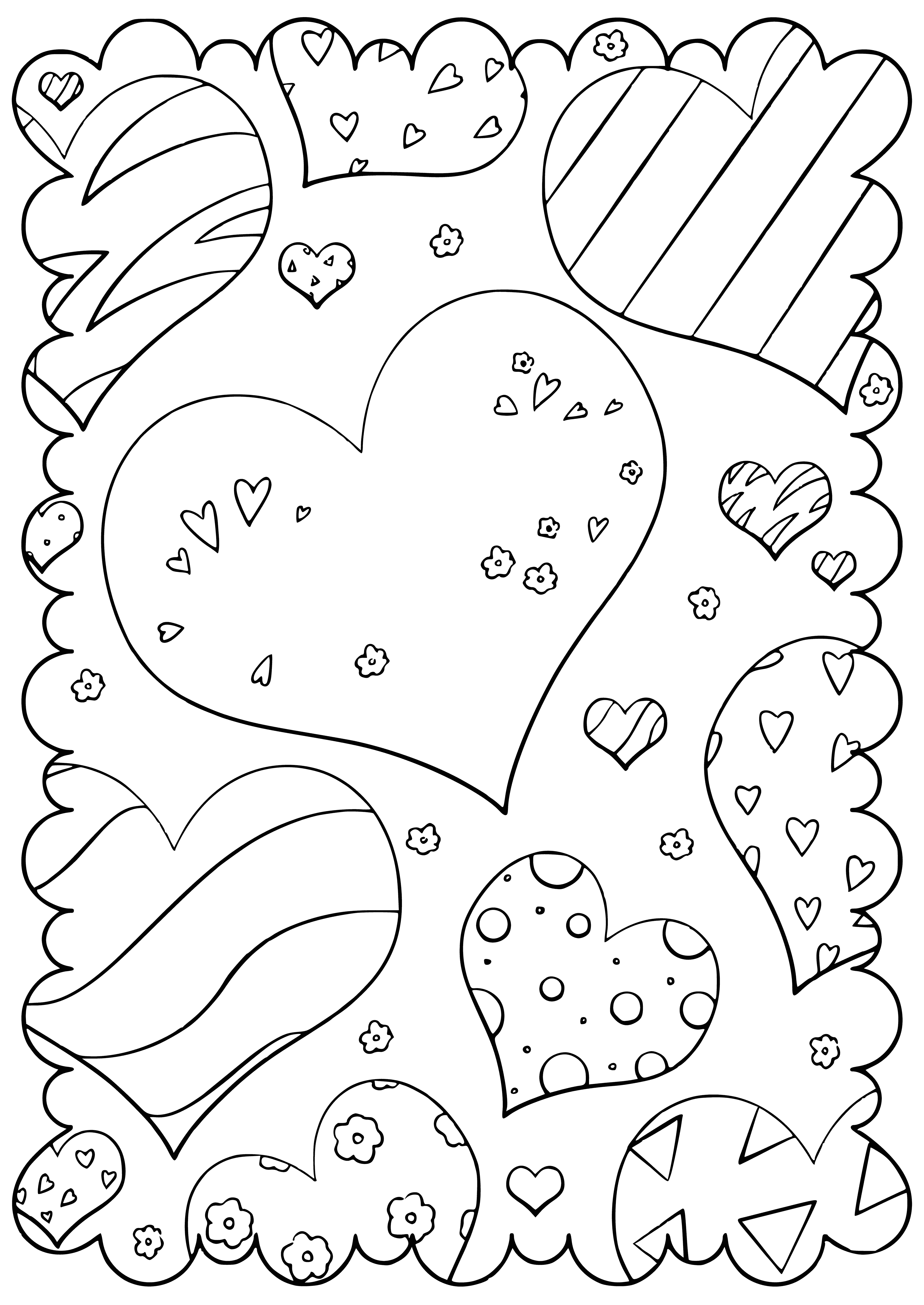 coloring page: 3 people in coloring page holding a red rose, balloon, & small hearts - all happy! #valentinesday