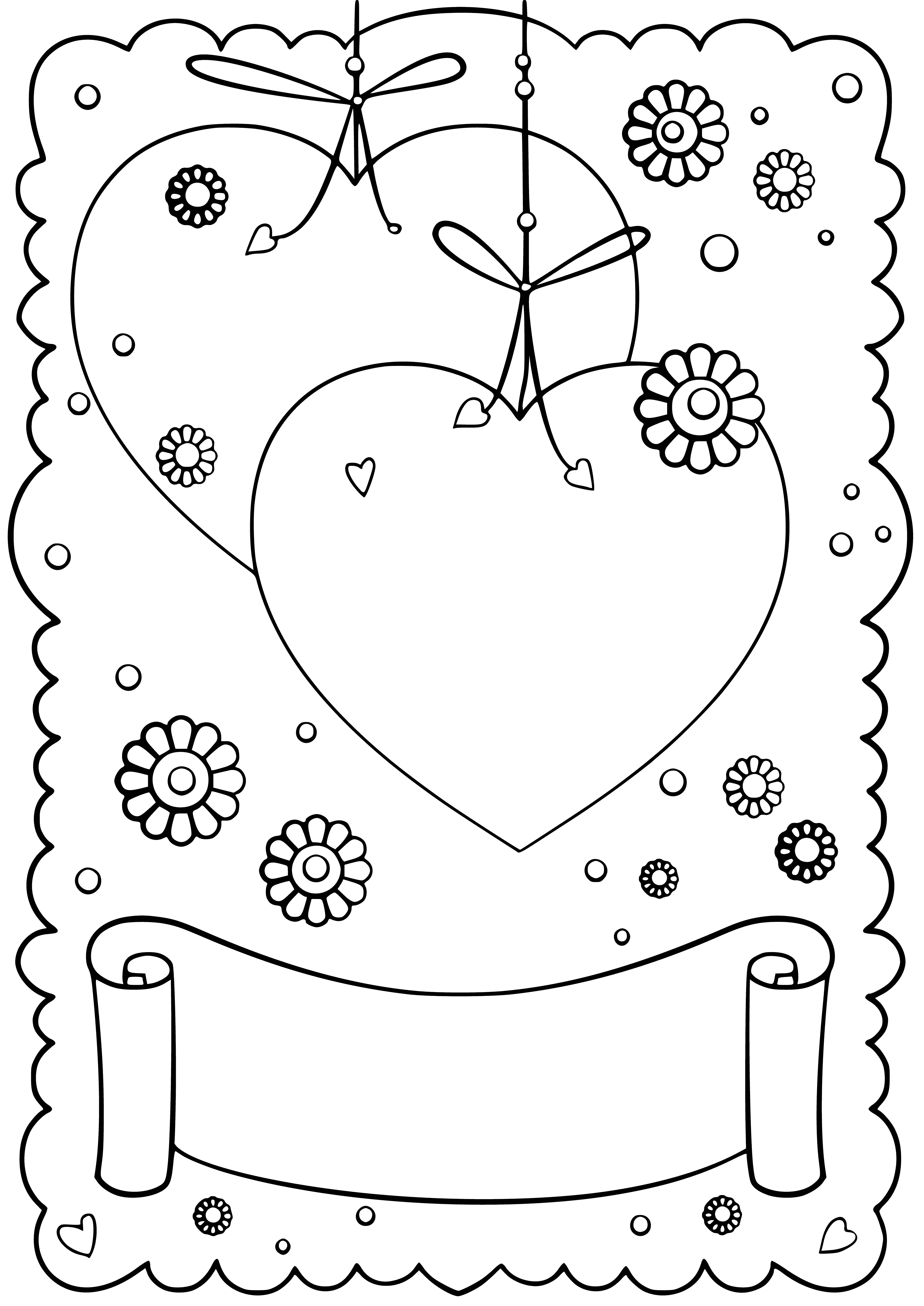 coloring page: Large red heart with white "Valentine's", "Happy Day", "To My Valentine" & "I Love You" written on it on green background. #ValentinesDay