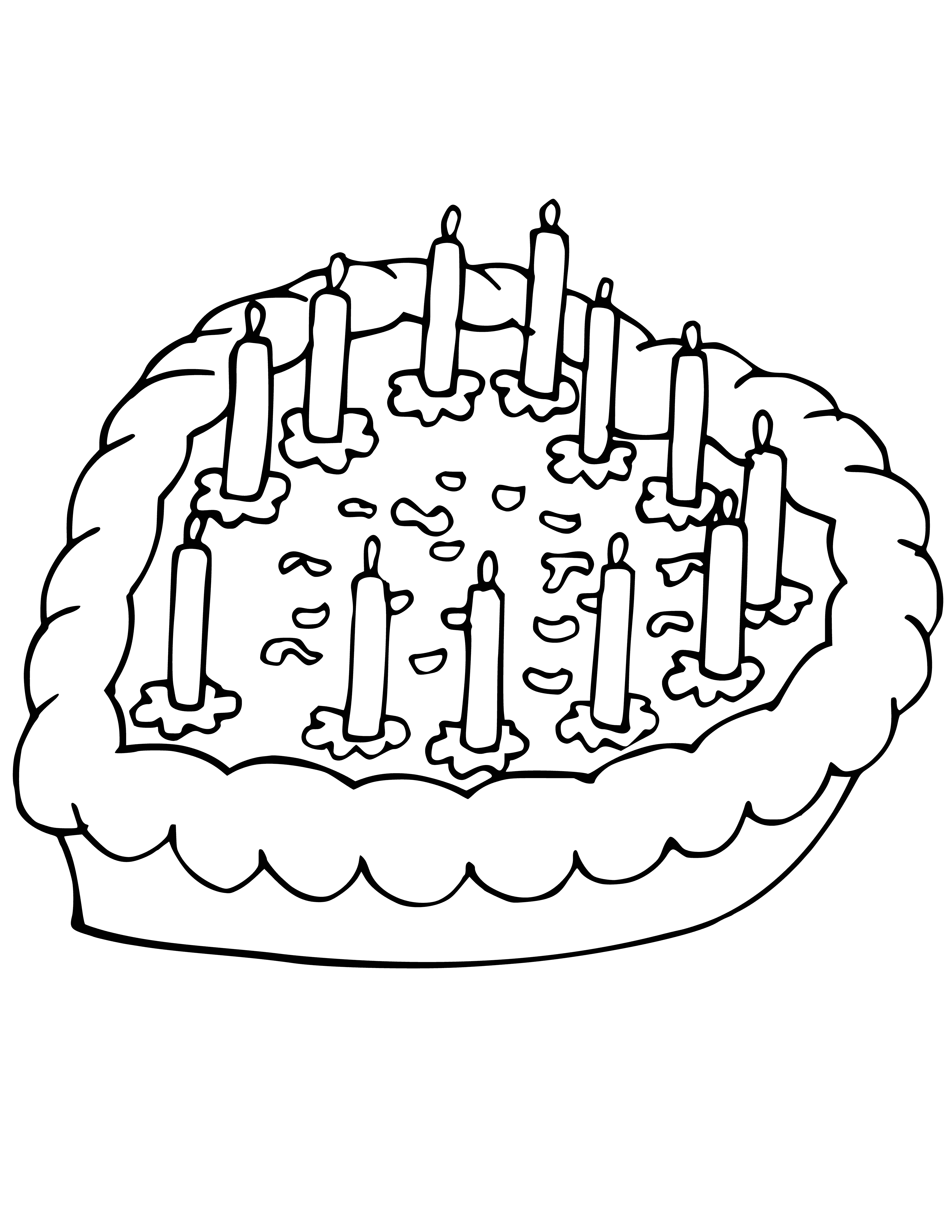coloring page: Round 6-layer cake w/ top pink, 2nd & 4th red, 5th pink, bottom white; adorned w/ red & pink roses + gold ring on top.