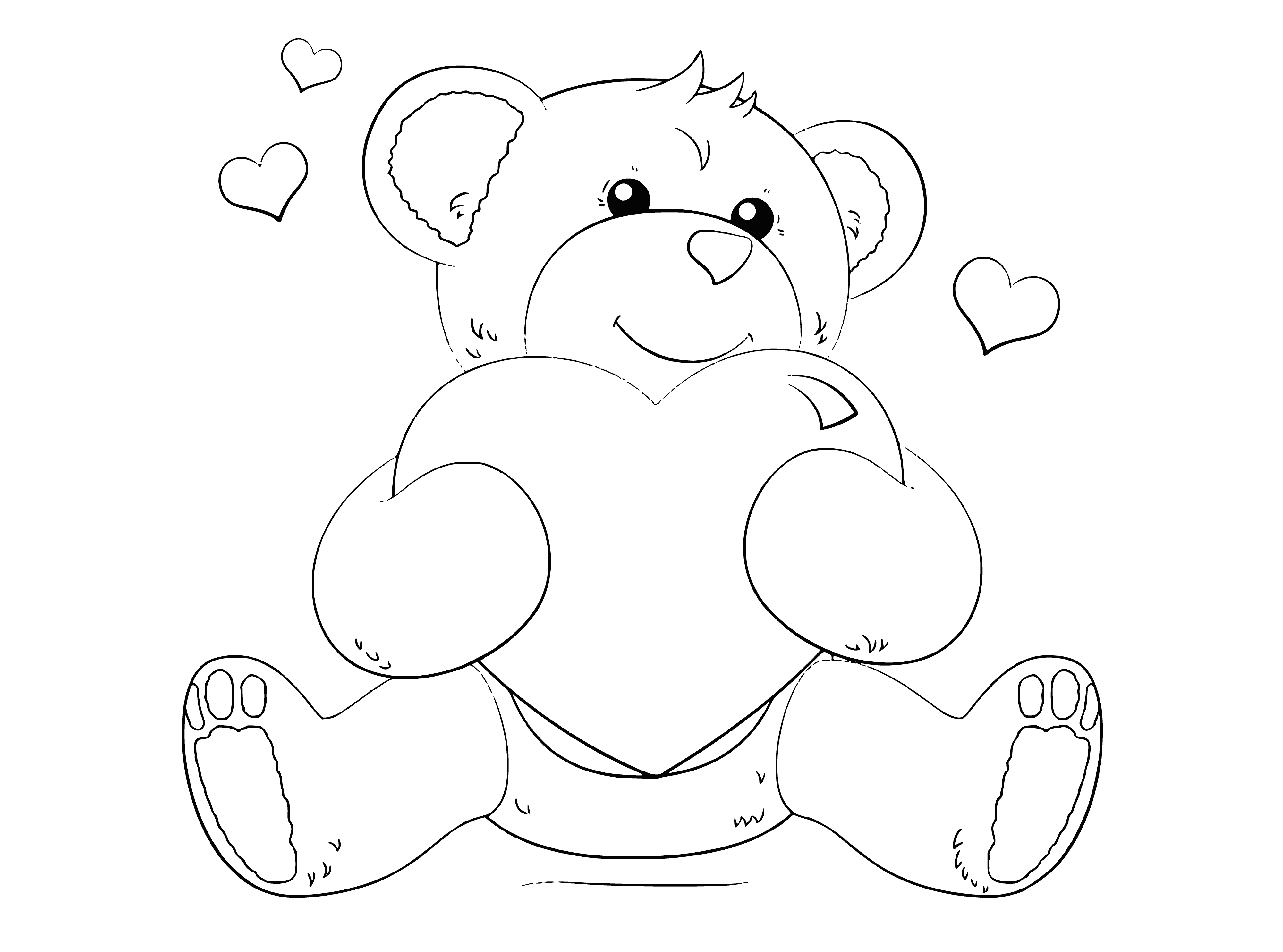 coloring page: Teddy bear holds red heart w/white ribbon; red ribbon around its neck; for Valentine's Day. #ValentinesDay