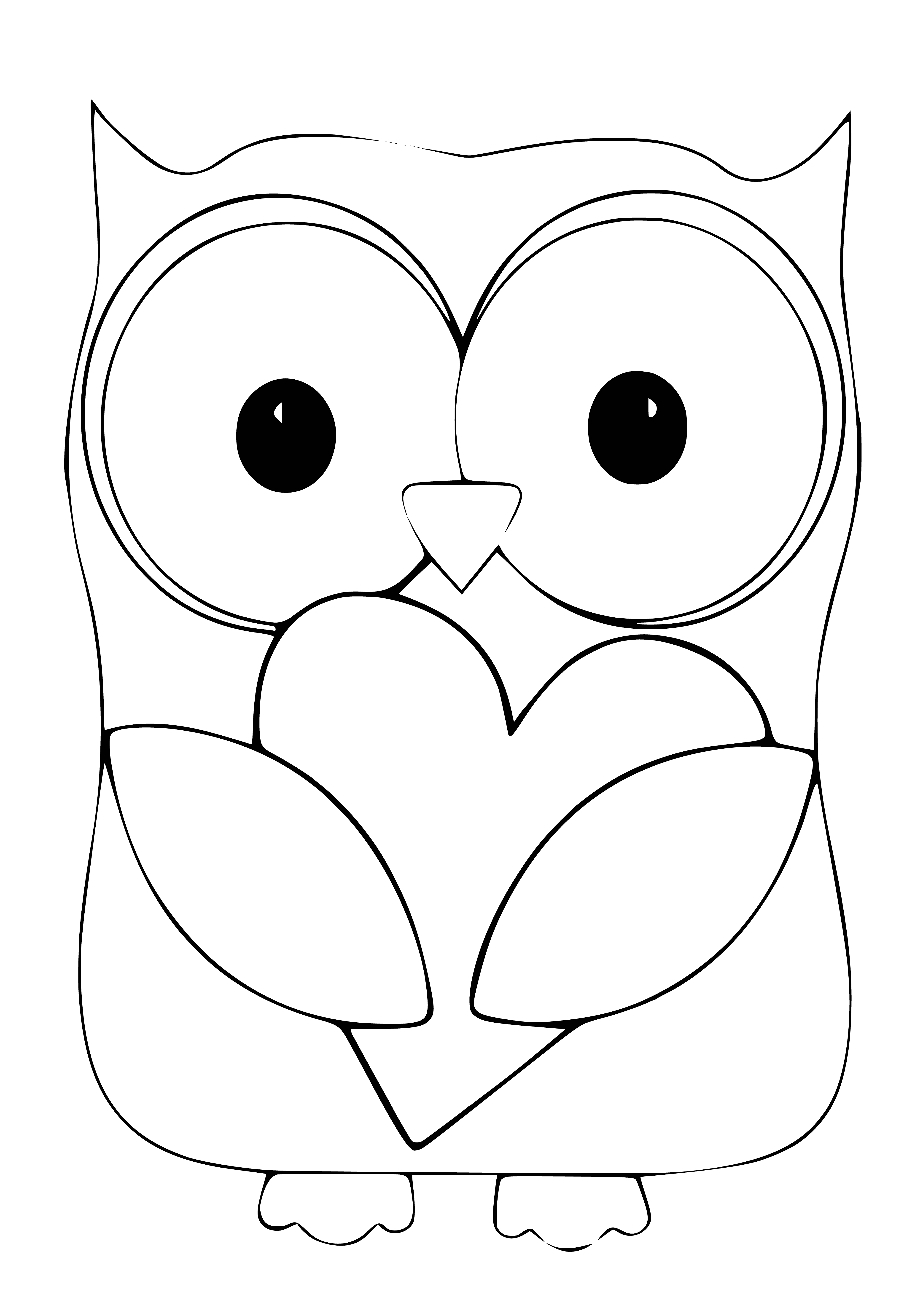 coloring page: Brown owl with blue eyes holds red heart; behind it looms large red heart.
