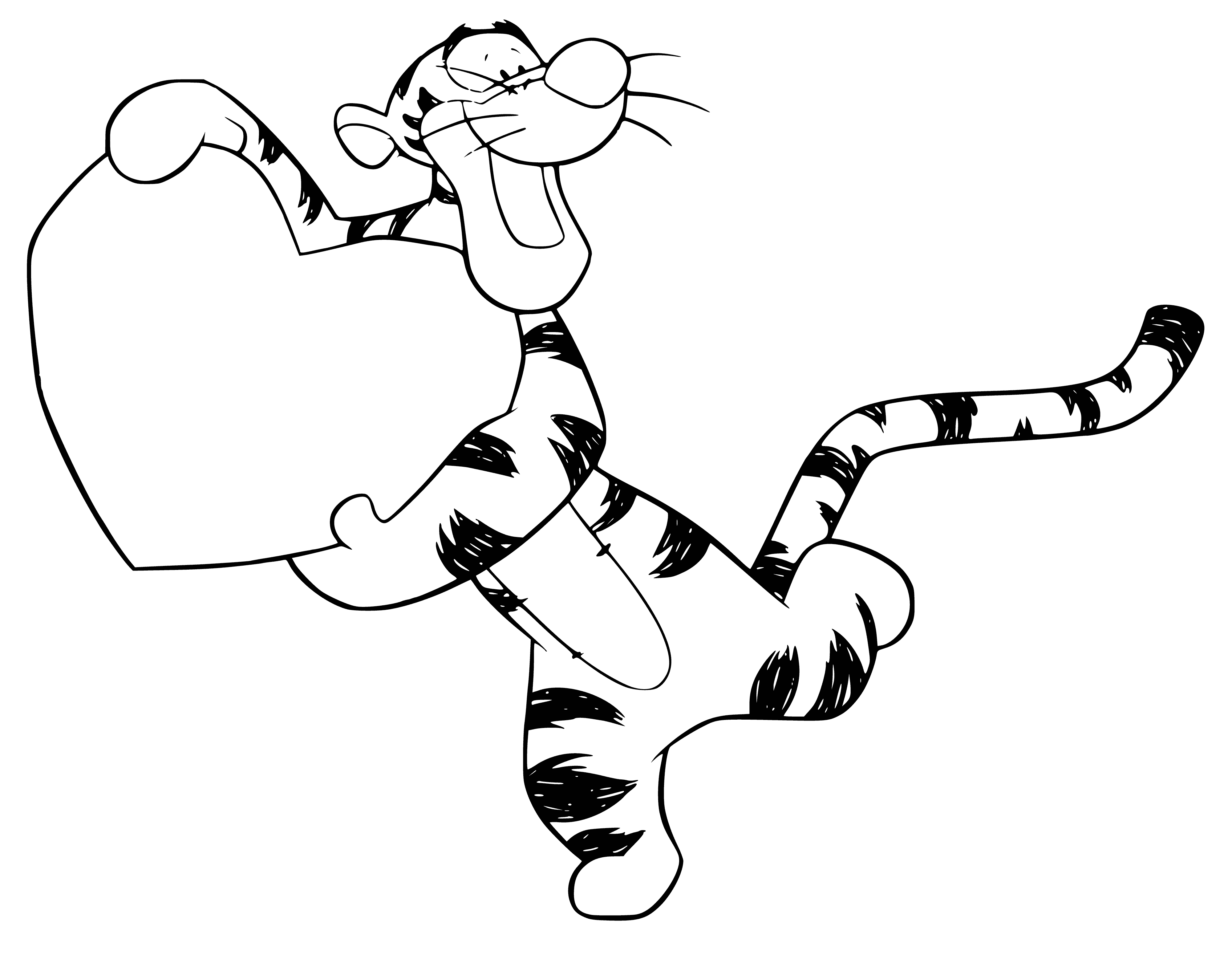coloring page: Tigger stands with heart in mouth, ribbon tied round it. Red heart has white edge and yellow ribbon. #WinniethePooh