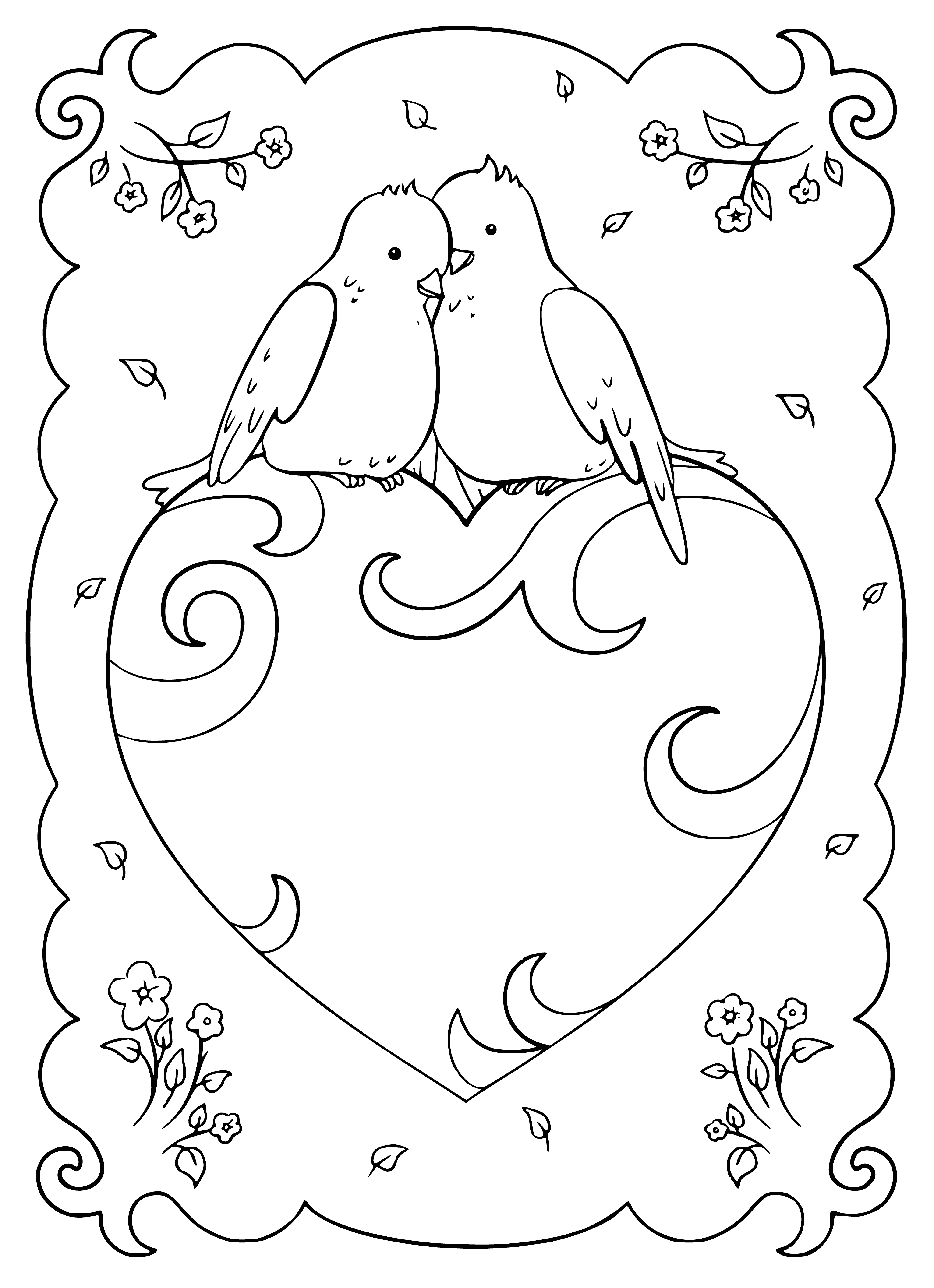 coloring page: Big red heart w/ white outline & small red, pink, & purple hearts. Surrounding words: "Happy Valentine's Day". #ValentinesDay