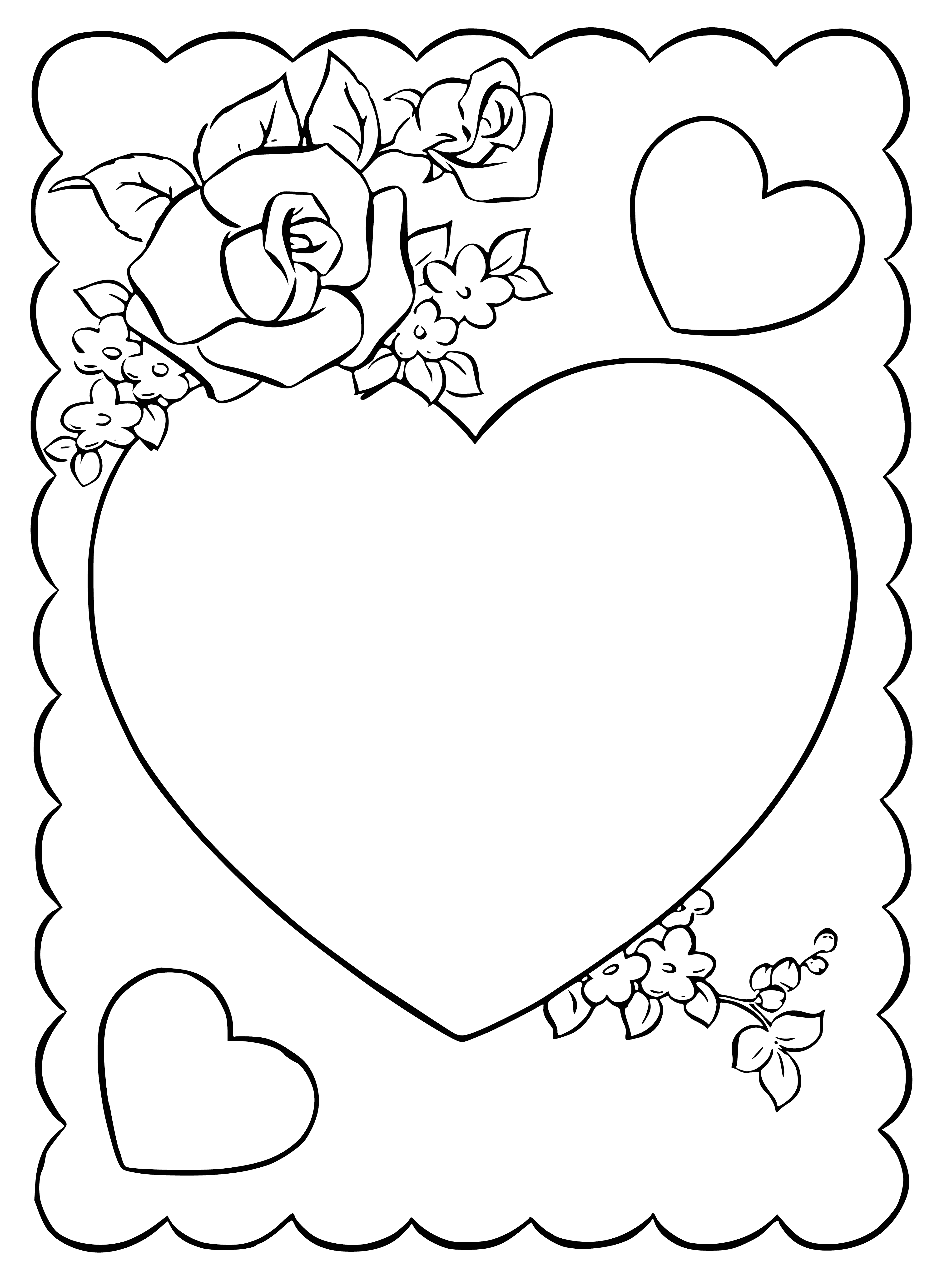 coloring page: A red heart with white flower frame on yellow backdrop wishes Happy Valentine's Day.