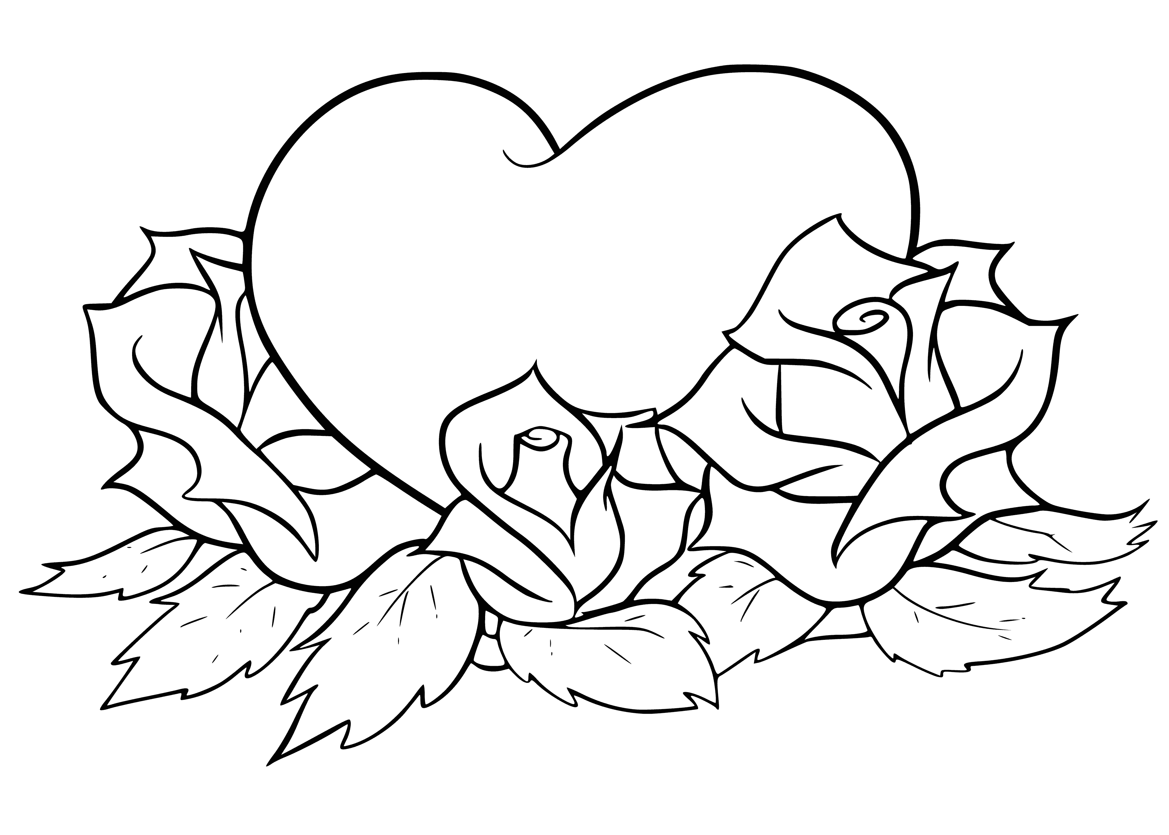 coloring page: 12 red roses in heart formation surrounded by leaves, baby's breath; long, thin stems.