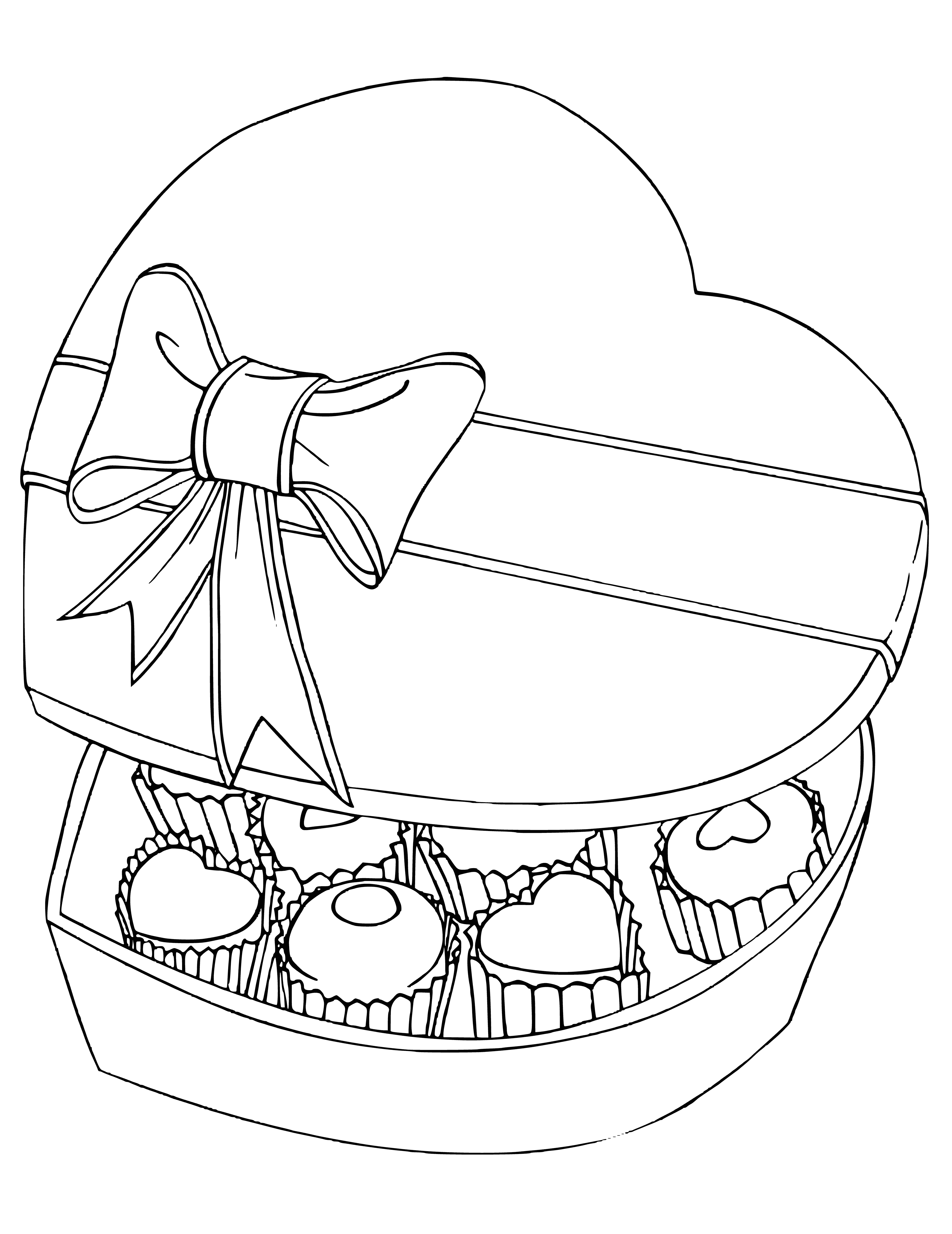 coloring page: A red heart-shaped box with a white bow, filled with assorted chocolates.