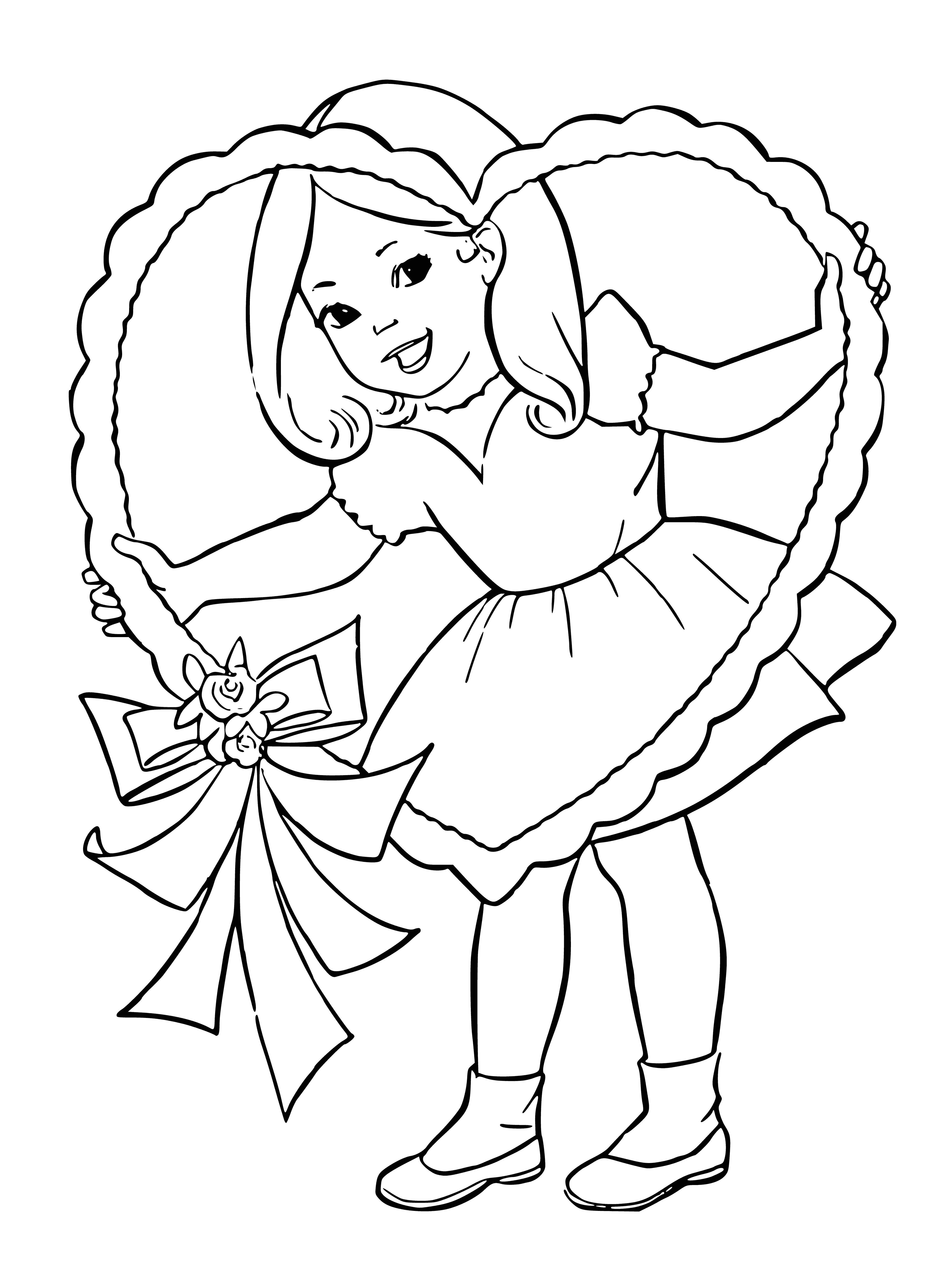 coloring page: Young woman holds Valentine's card & flowers in pink dress & bow, standing in front of snowy window- Valentine's Day Girl Coloring Page.