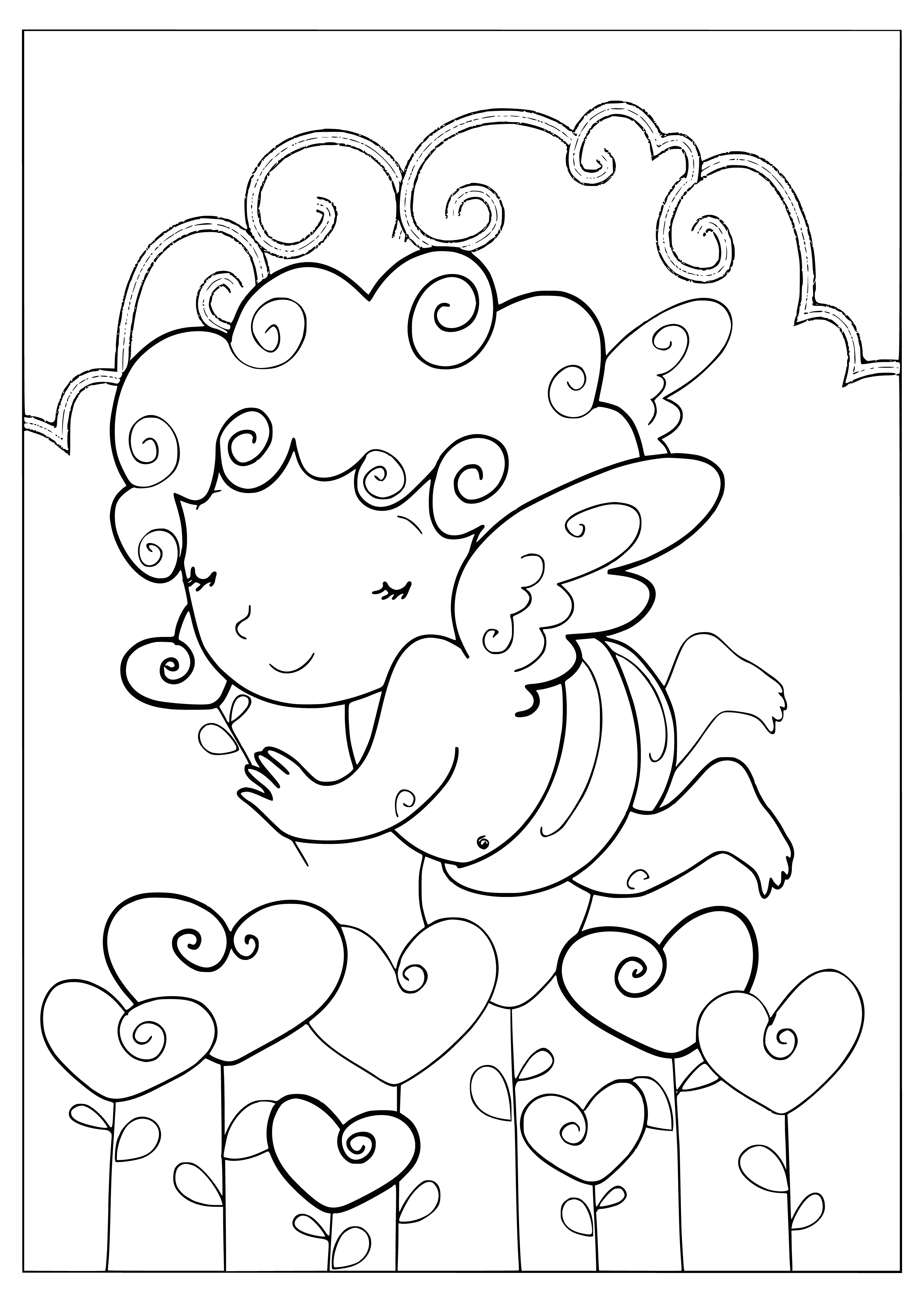 coloring page: Happy Valentine's Day! A large angel stands, wings spread wide, arms outstretched, with a heart-shaped frame of pink & purple flowers behind.
