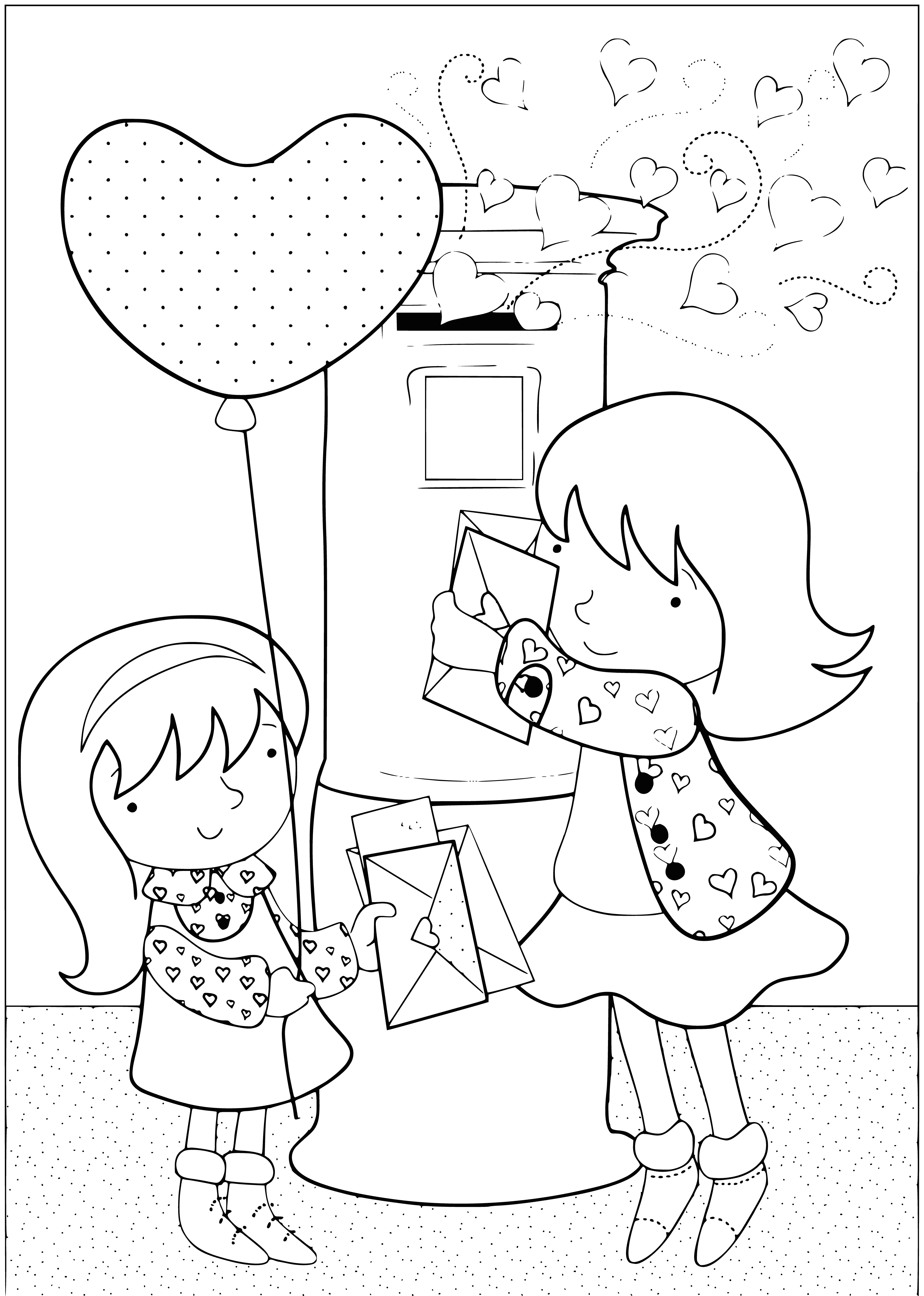 coloring page: 3 girls: 1 w/ dark brown hair in pink dress w/ heart locket, 2 w/ blonde hair in white dresses. One holds a pink flower, other has valentines. Smiling.