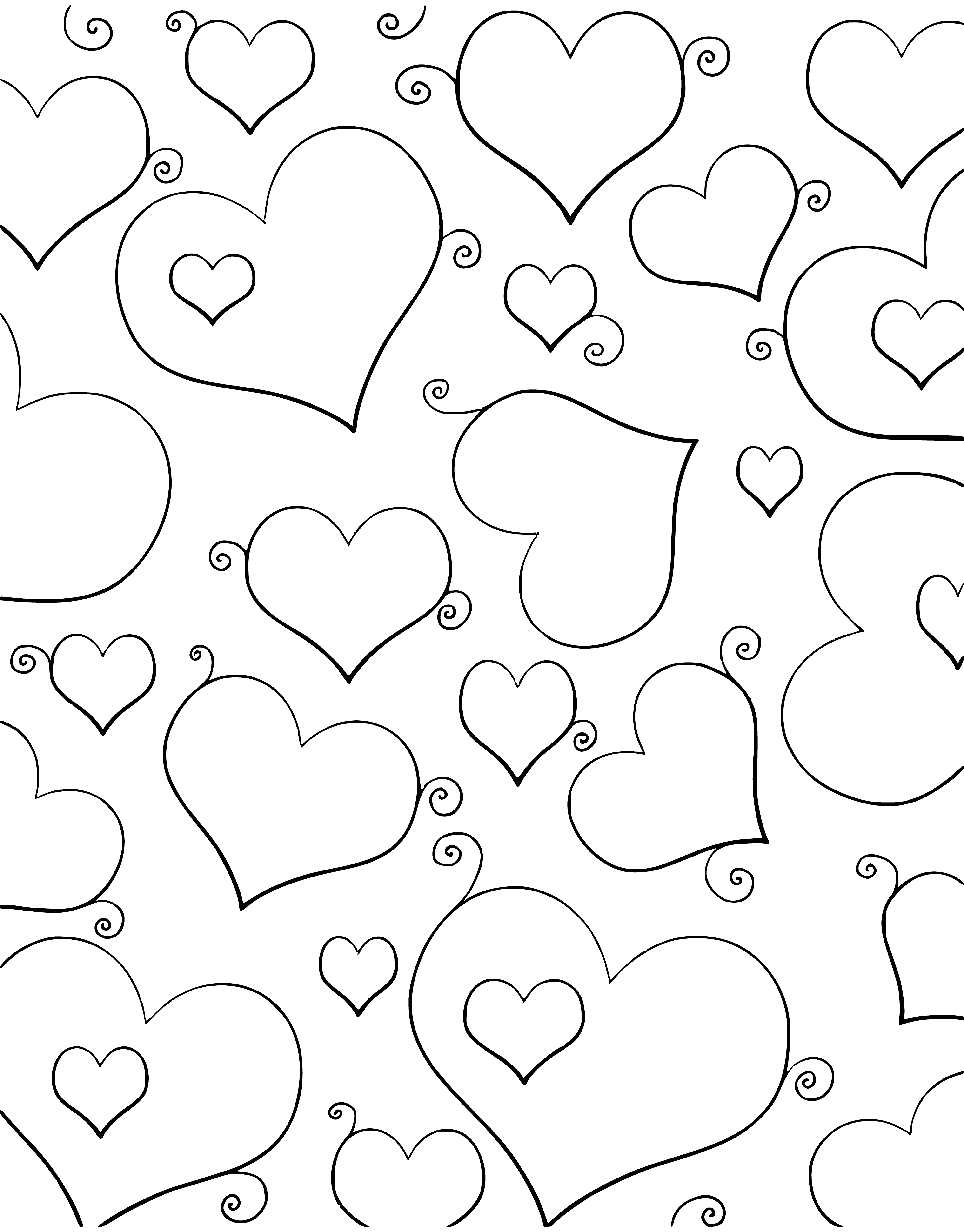 coloring page: Two hearts, red and pink, floating with many others in the air. Colors including red, pink and white.