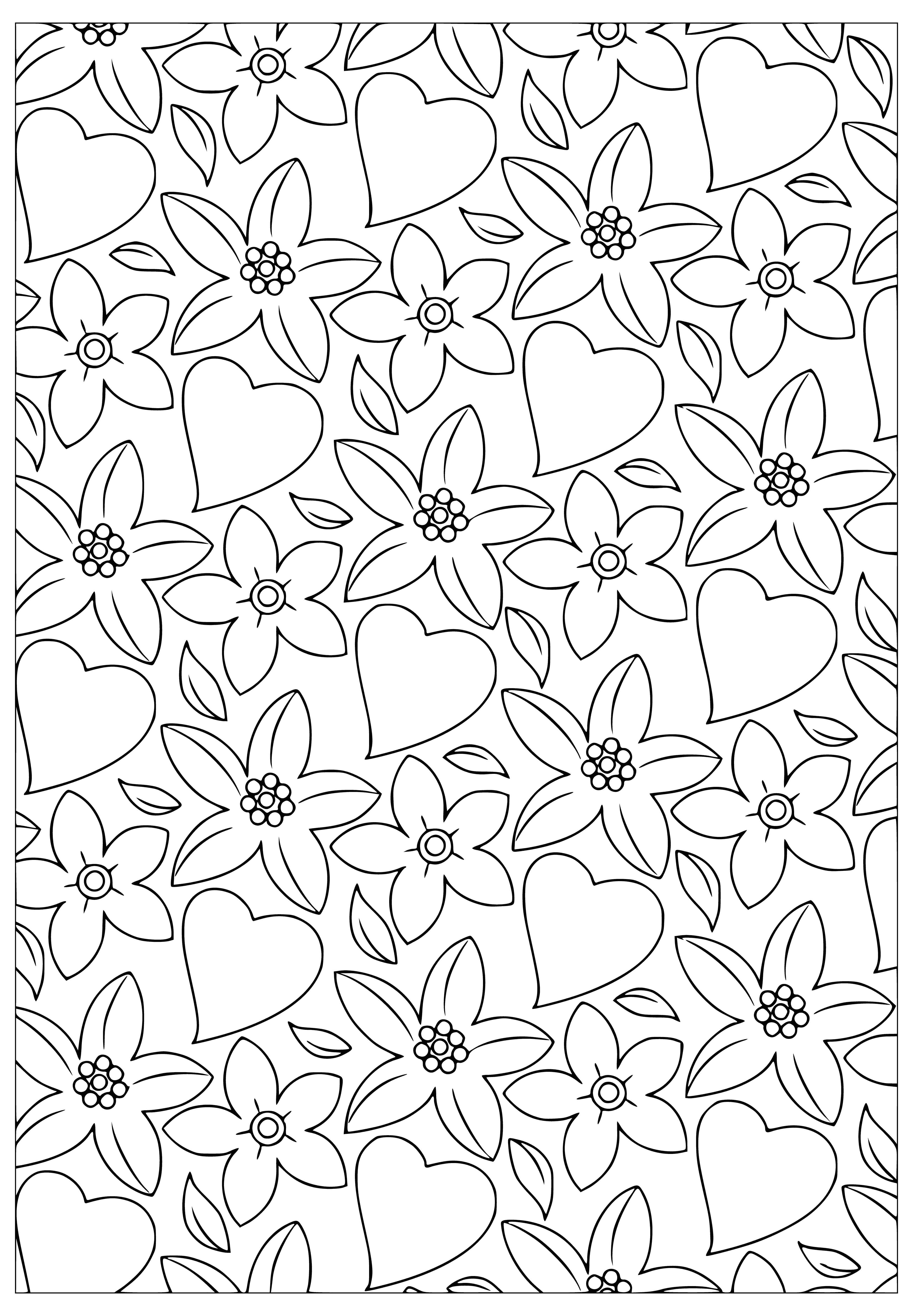 coloring page: Lots of hearts & flowers for Valentine's Day! Hearts in different colors & pink flowers, plus fancy red candles.