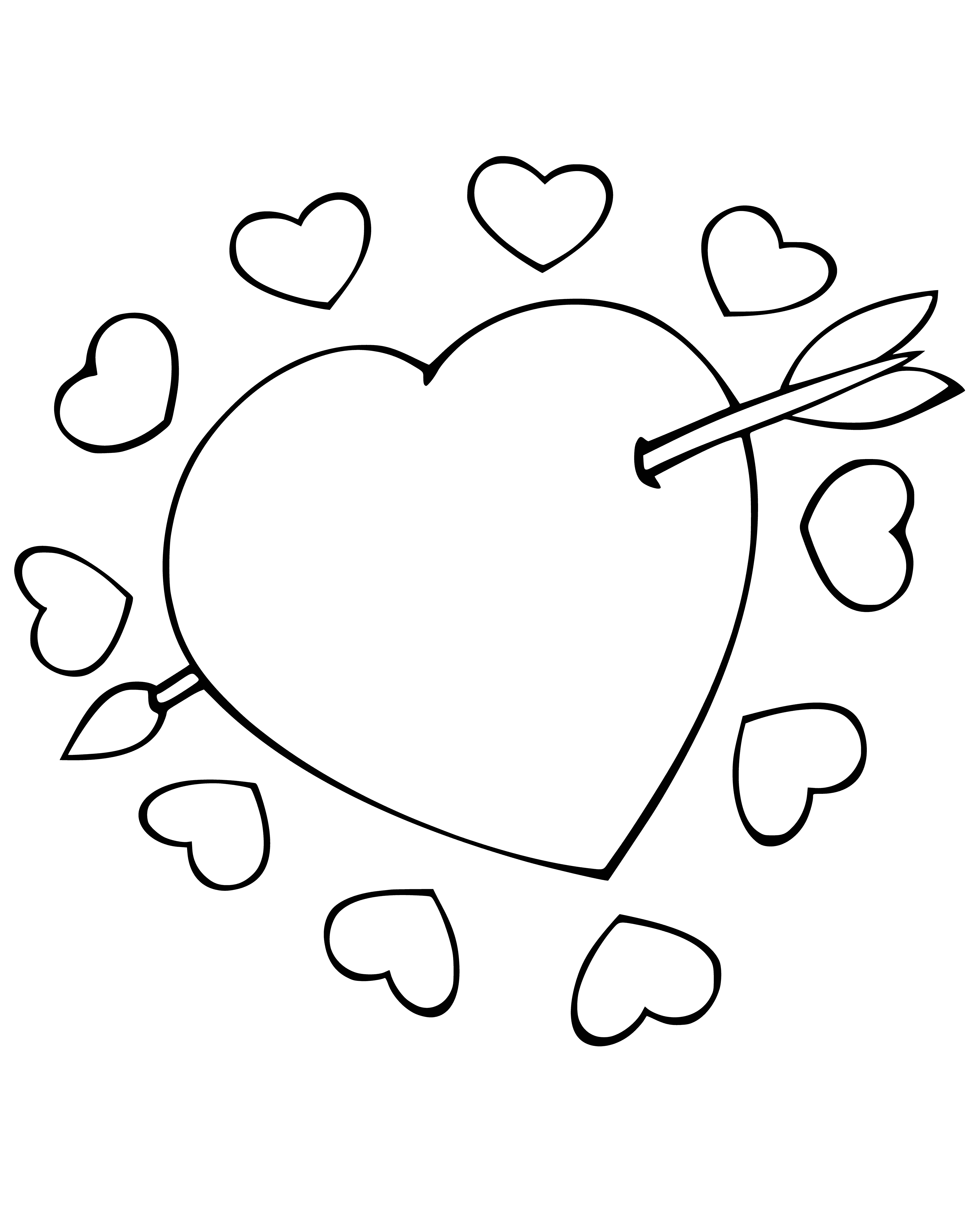 coloring page: Heart pierced with thorns/barbed wire on dark background.