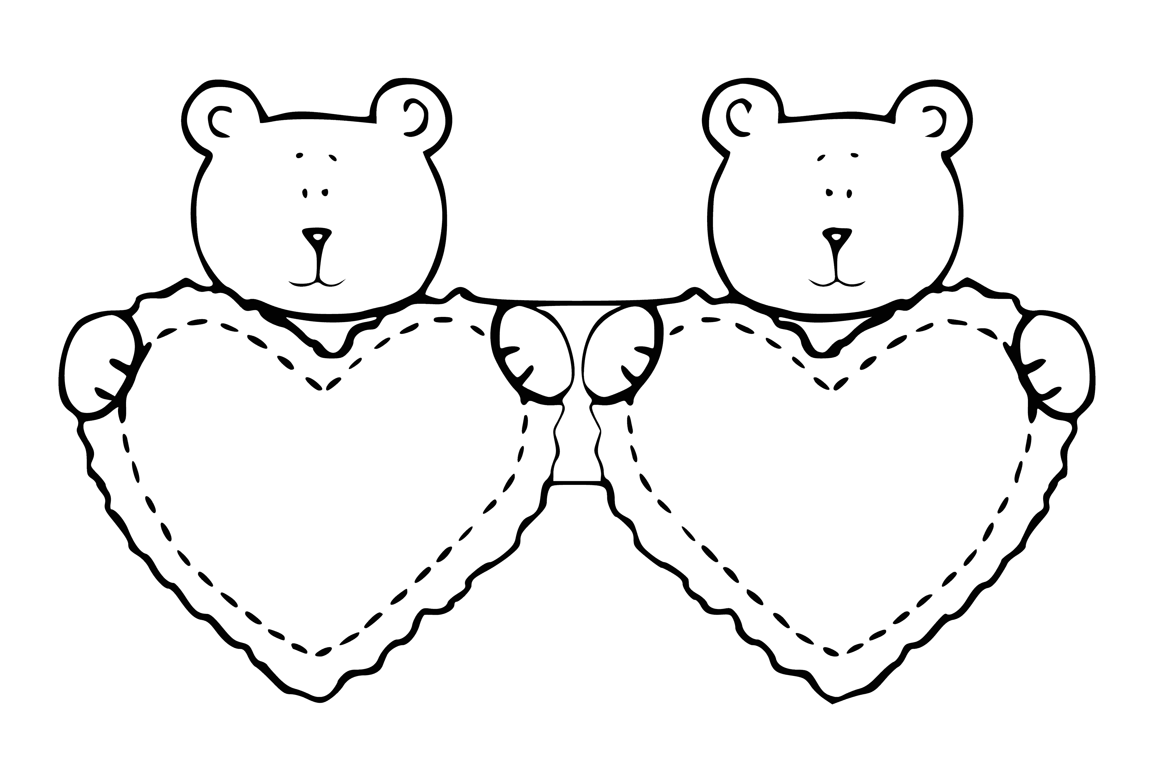 coloring page: Two teddy bears facing each other with arms around, noses touching & a red heart between them. #cute