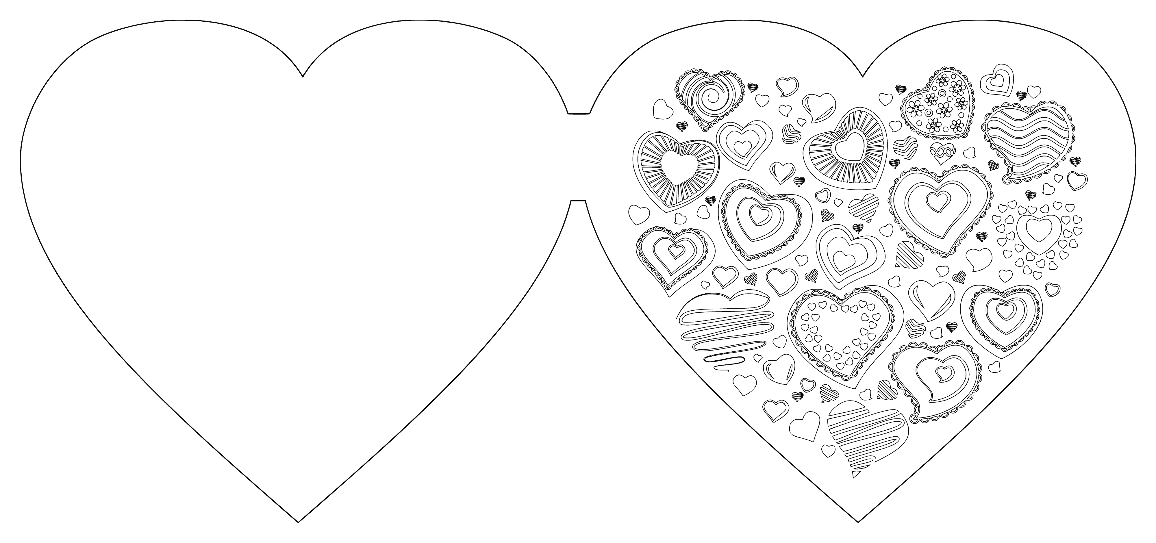coloring page: Heart with spikes & spiral in center on black bg.