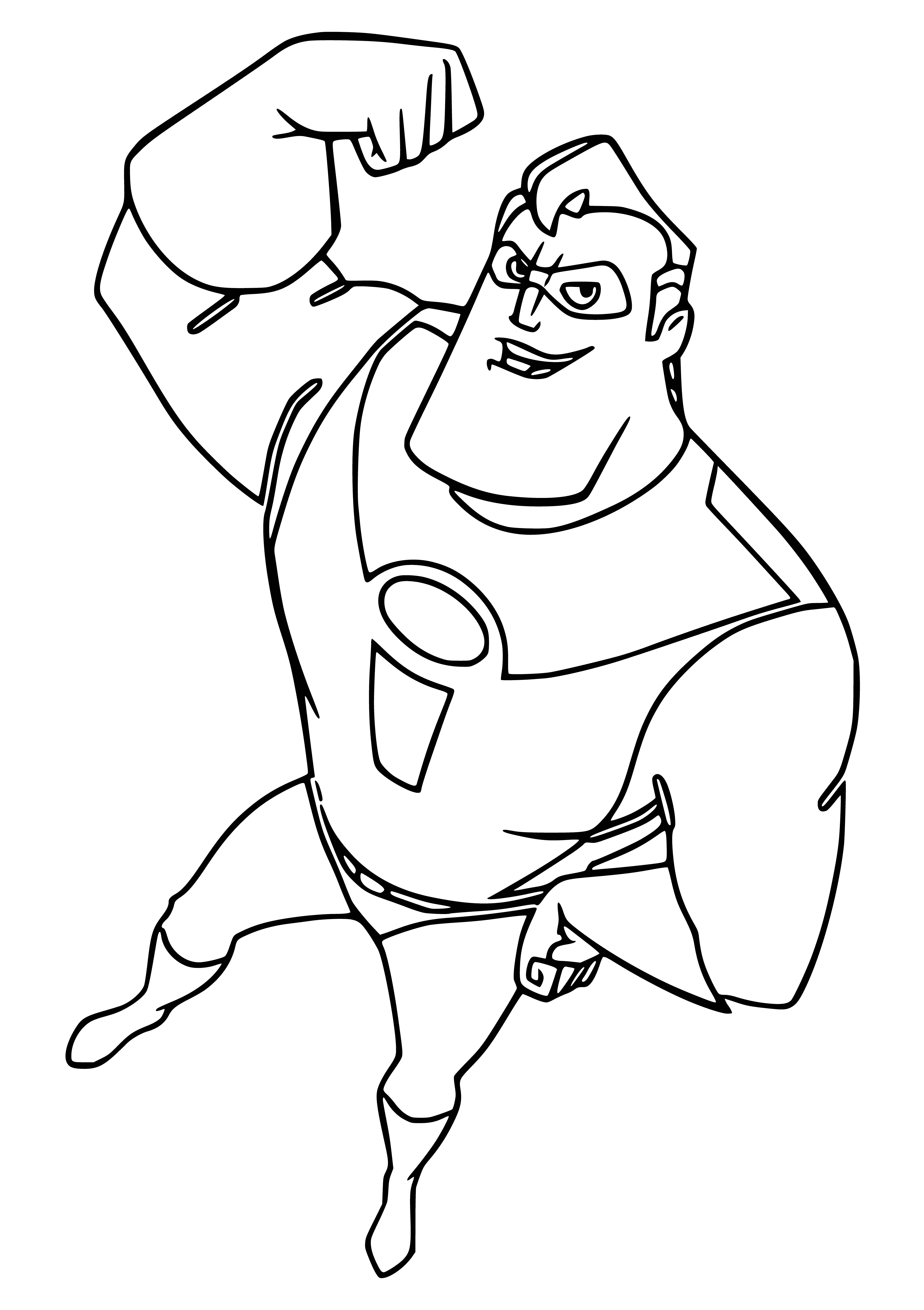 coloring page: Giant man with almond eyes, thick mustache, tan skin in blue suit and red cape holds large red "I".