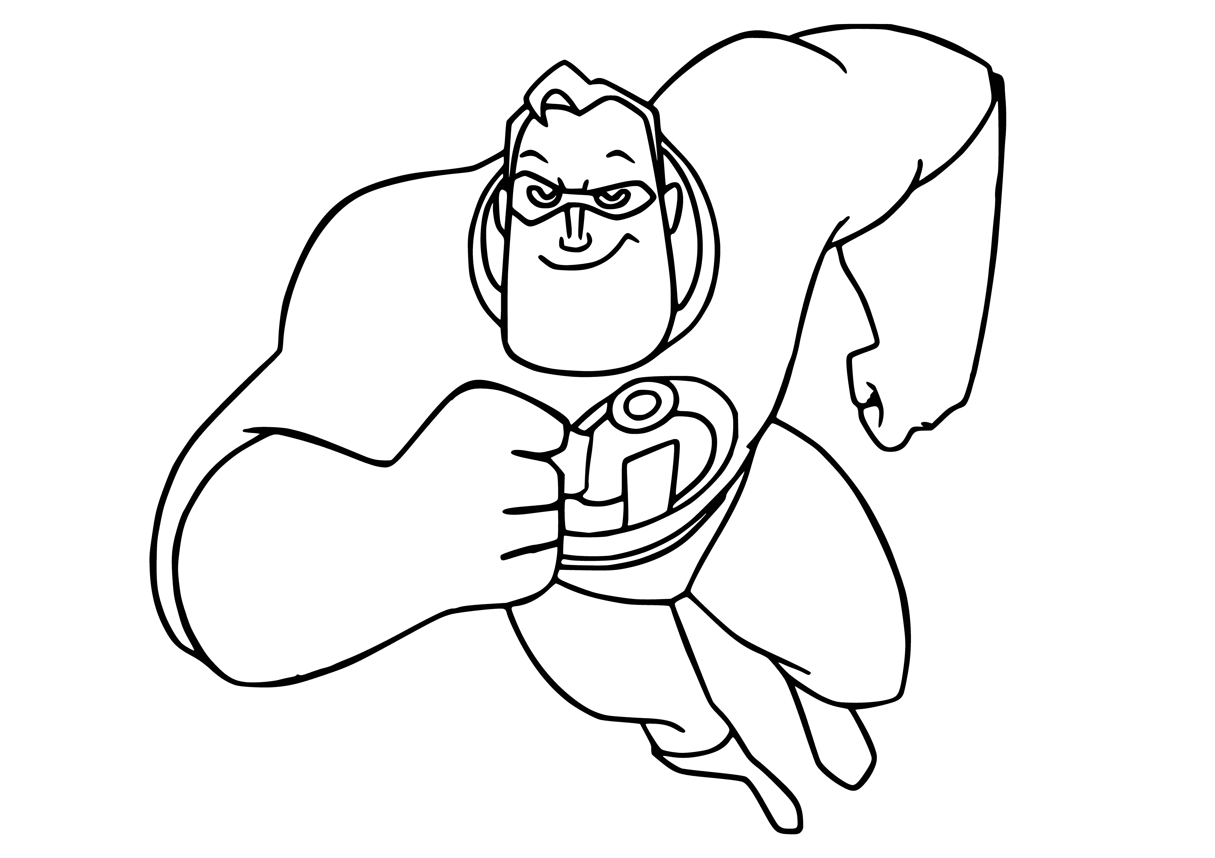 coloring page: Mister Incredible looks determined, wearing a black suit, red tie & displaying strong muscles - ready for any challenge.
