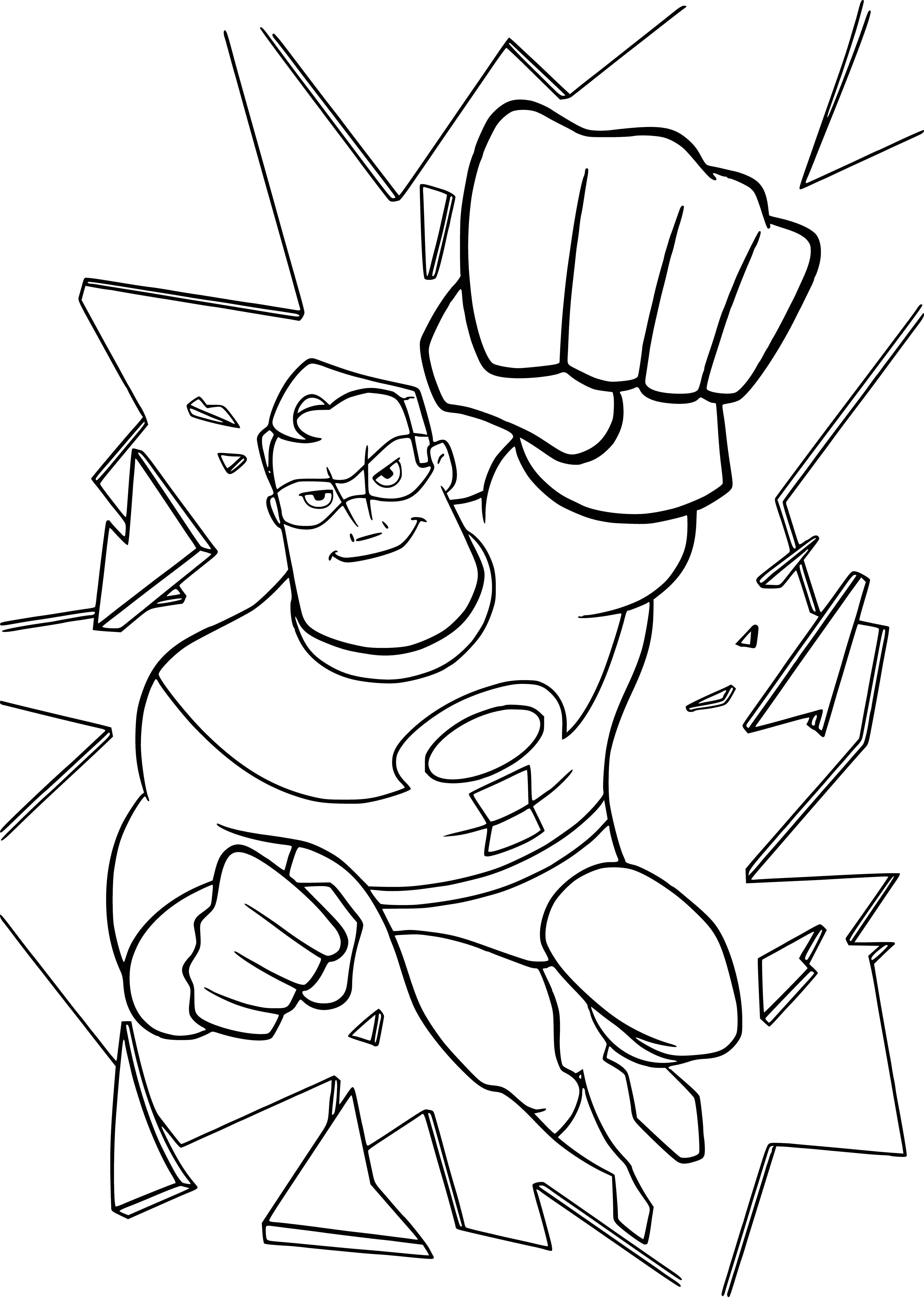 coloring page: Man in superhero suit ready to take on anything. Eyes covered, red "I" on chest & powerful stance.