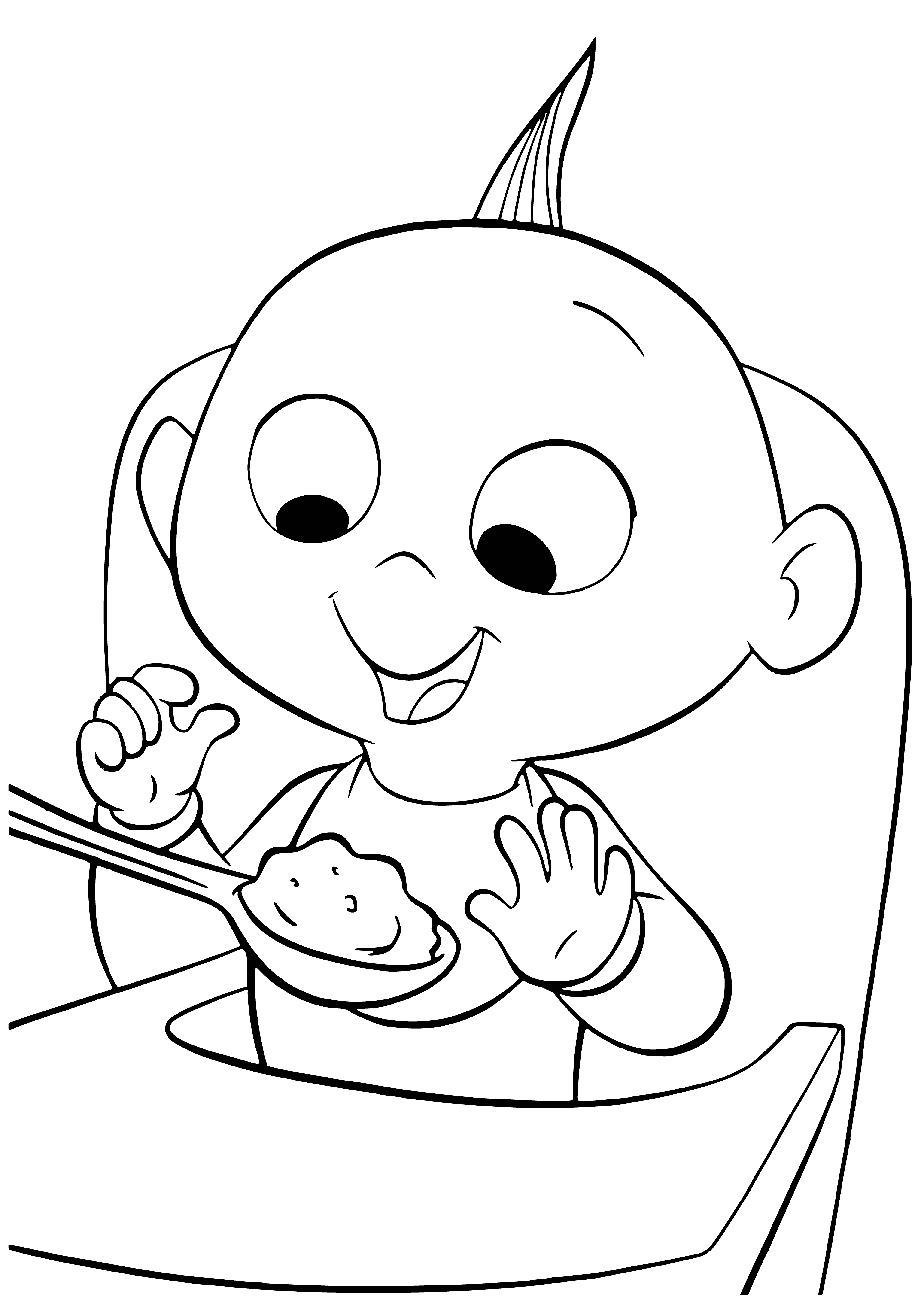 coloring page: Jack-Jack is happy and content eating dinner in his high chair with a bib and spoon.