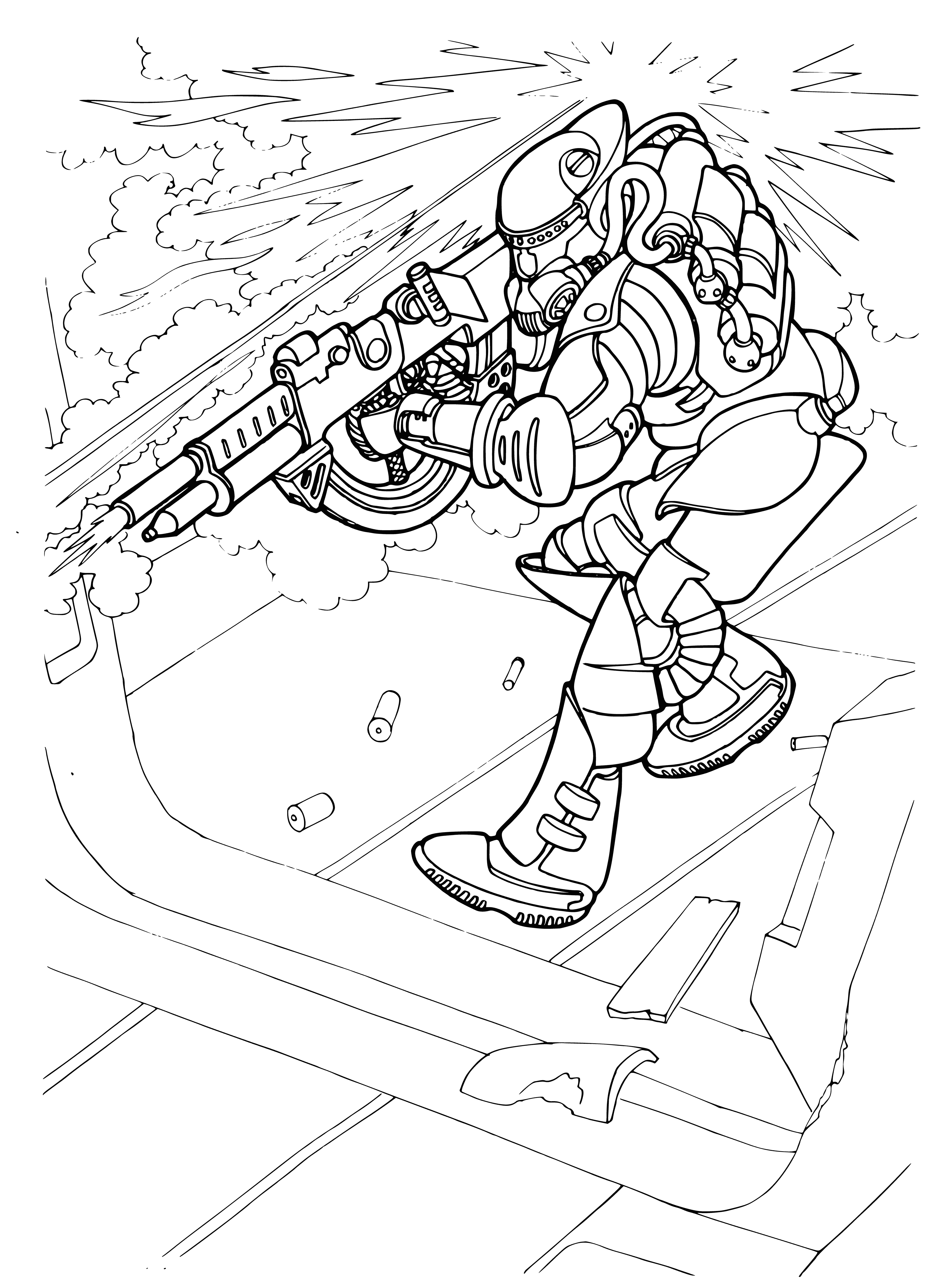 coloring page: Future wars fought by robots wearing metal armor & helmets, armed with powerful guns shooting bullets at high speeds.