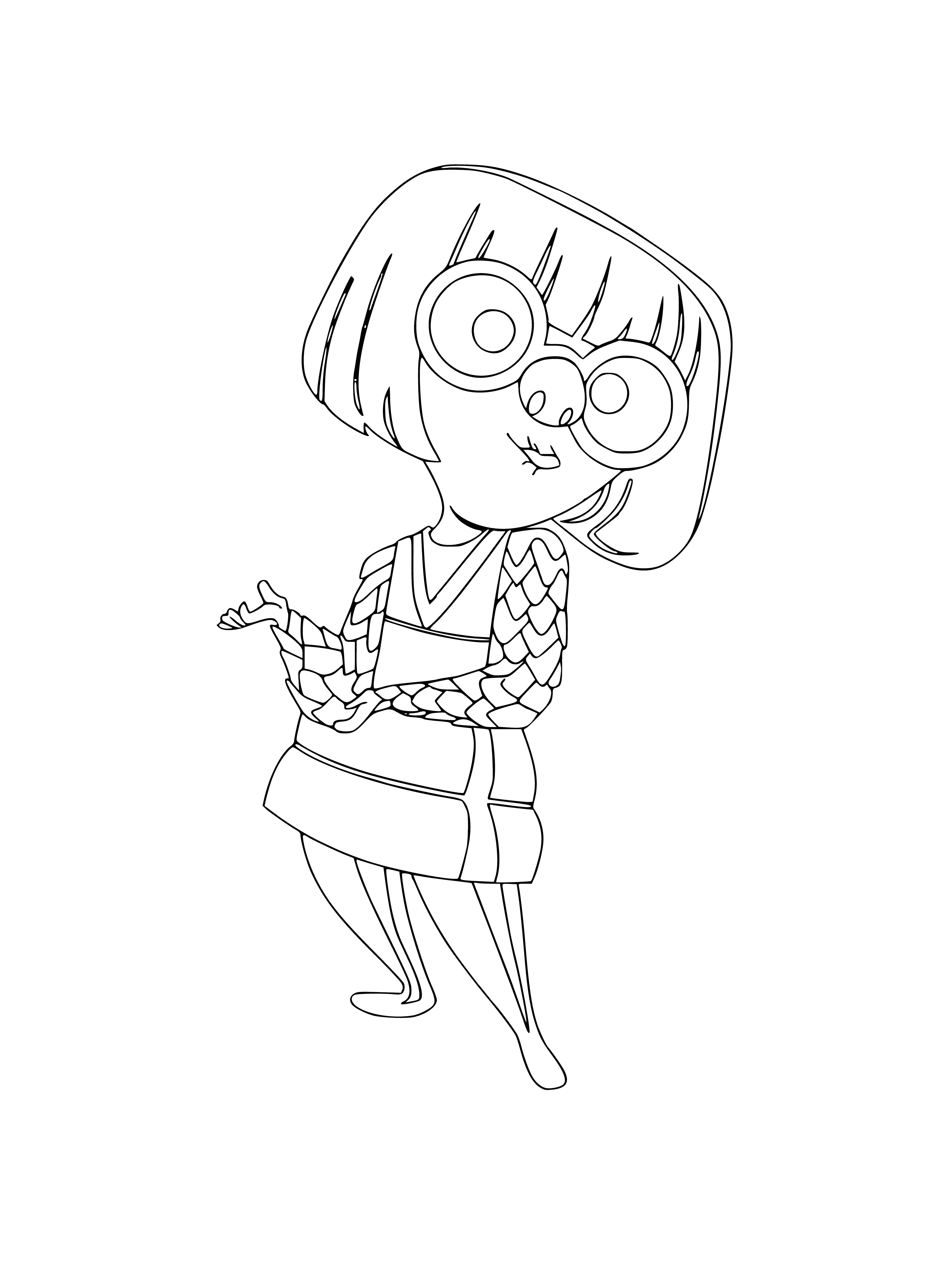 coloring page: Edna Mode from The Incredibles is coloring paged in a coloring page wearing a black suit and glasses with serious expression.