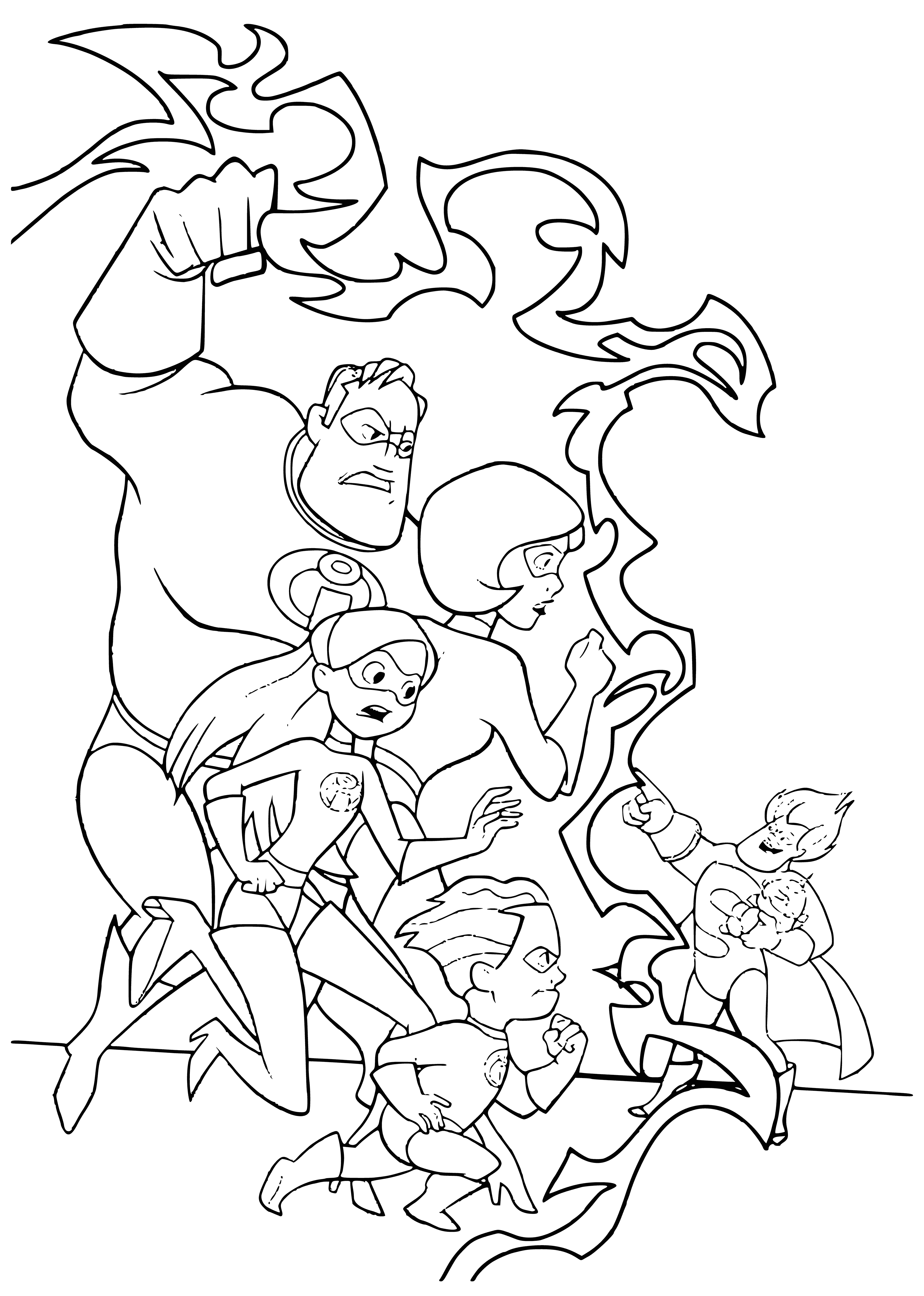 coloring page: The Incredibles battle Syndrome, a muscular man in a black suit & red cape. He flies & shoots lasers; Incredibles dodge & shoot back.