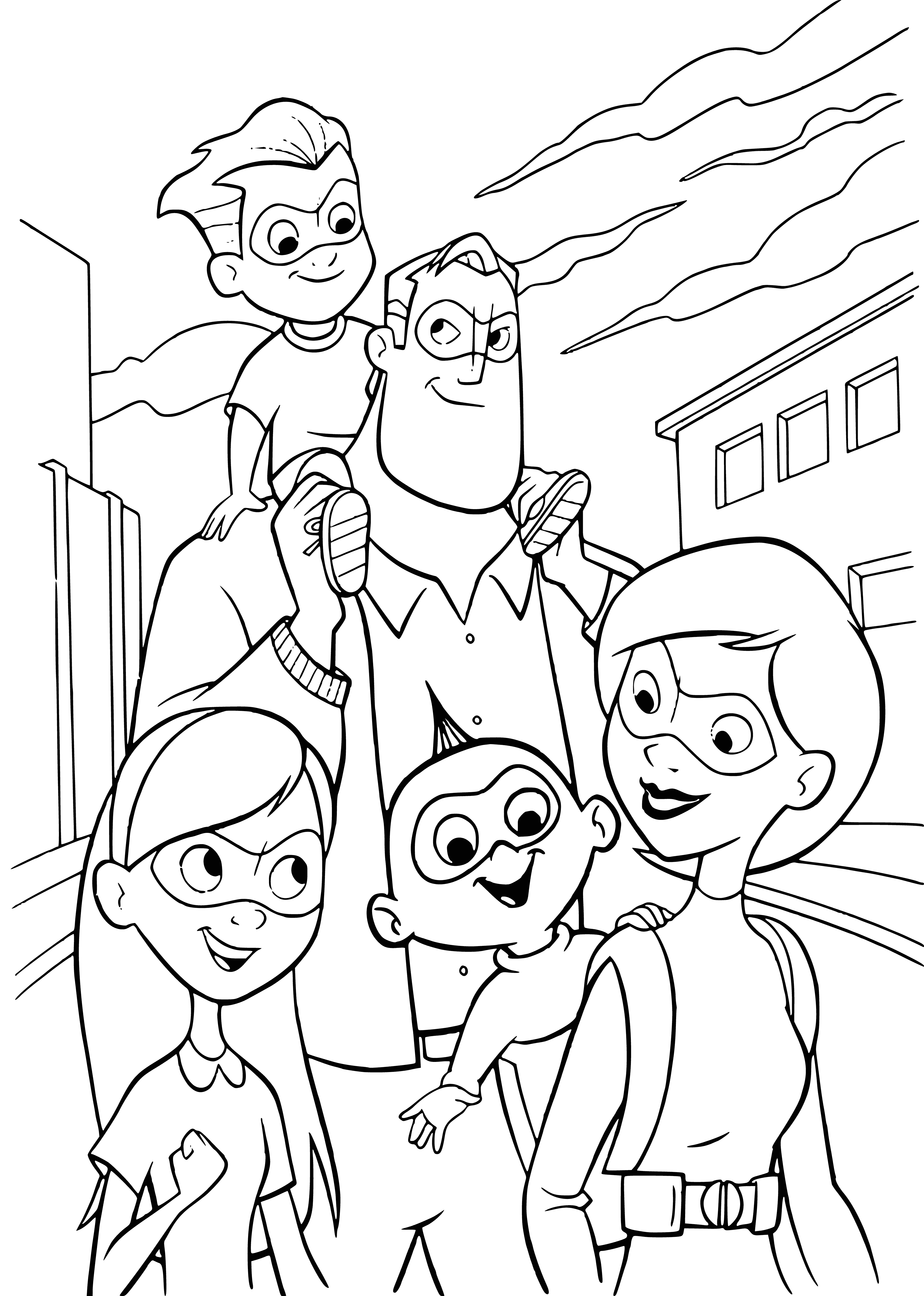 coloring page: Family sits in a dark room, light from the window shining on them. Man in a suit, briefcase in hand, presents them with a stack of papers.