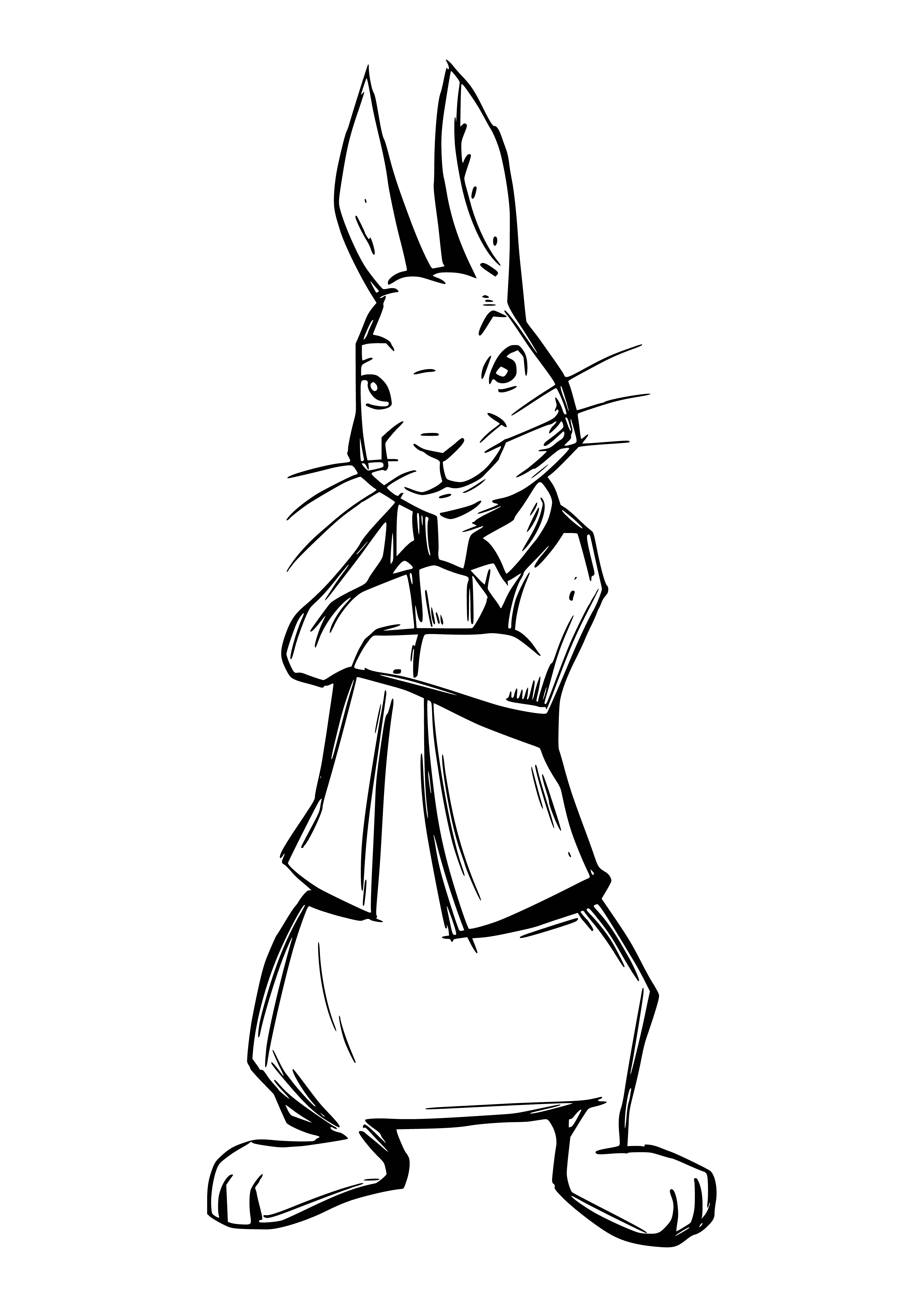 coloring page: Peter the white rabbit with blue eyes wears a blue coat, yellow waistcoat, pink tie w/blue umbrella in his left & yellow scarf in right hand; a bluebird sits on his left shoulder.