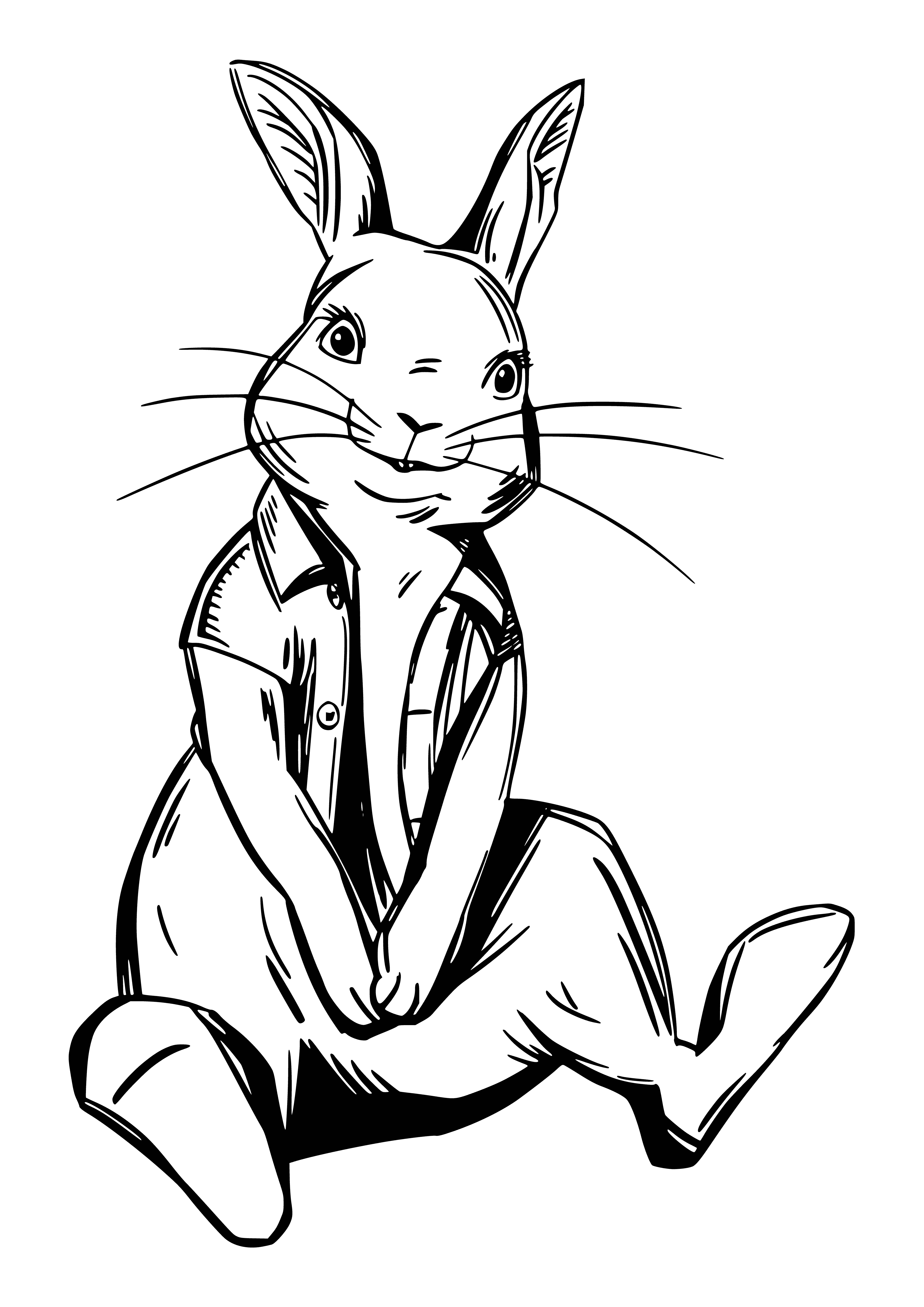 coloring page: This small gray bunny is cosily reading a book while wearing a blue jacket and red neck scarf on a mushroom in a green forest.