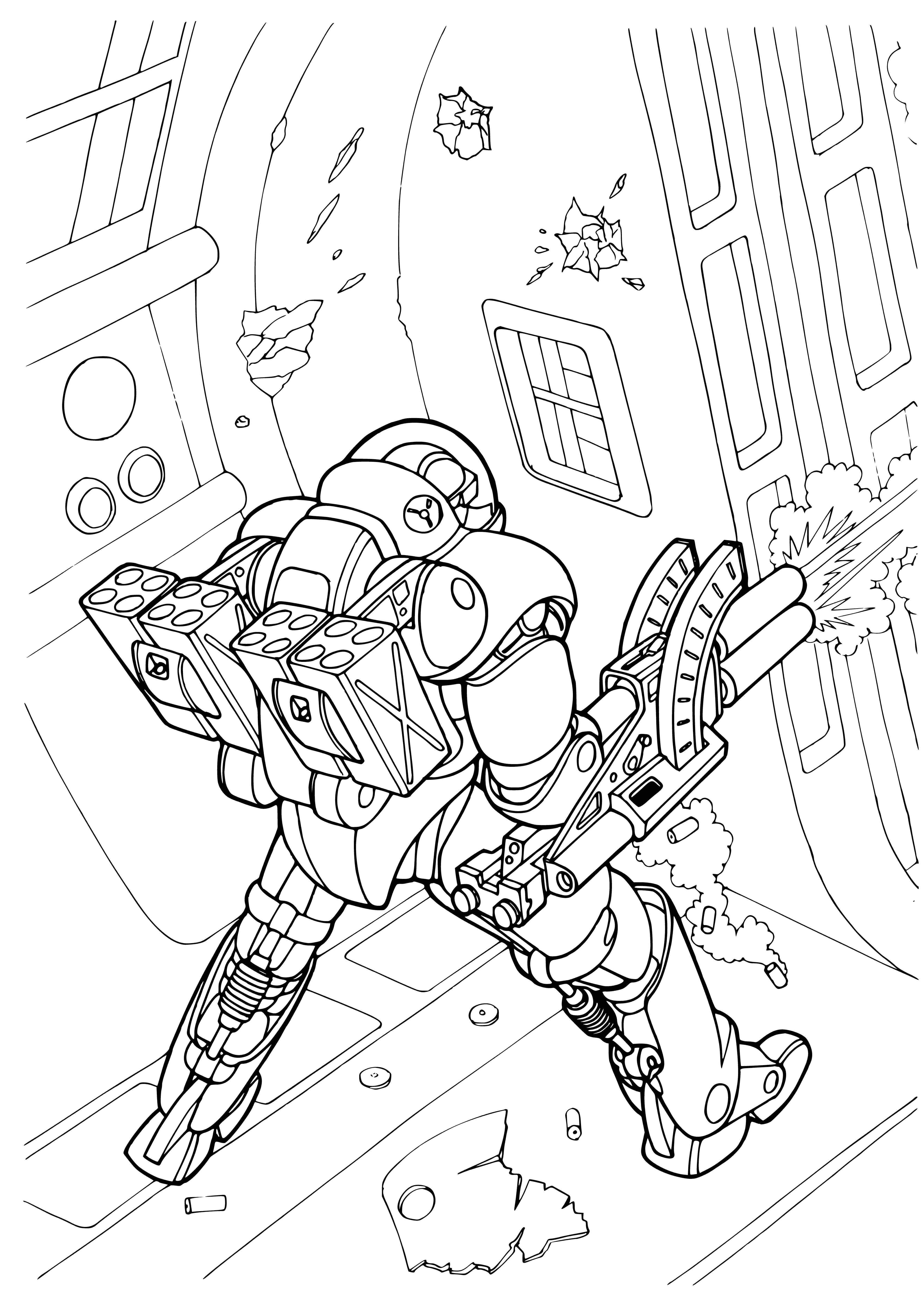 coloring page: In future, soldiers in space-suits fight wars with laser guns for universal control.