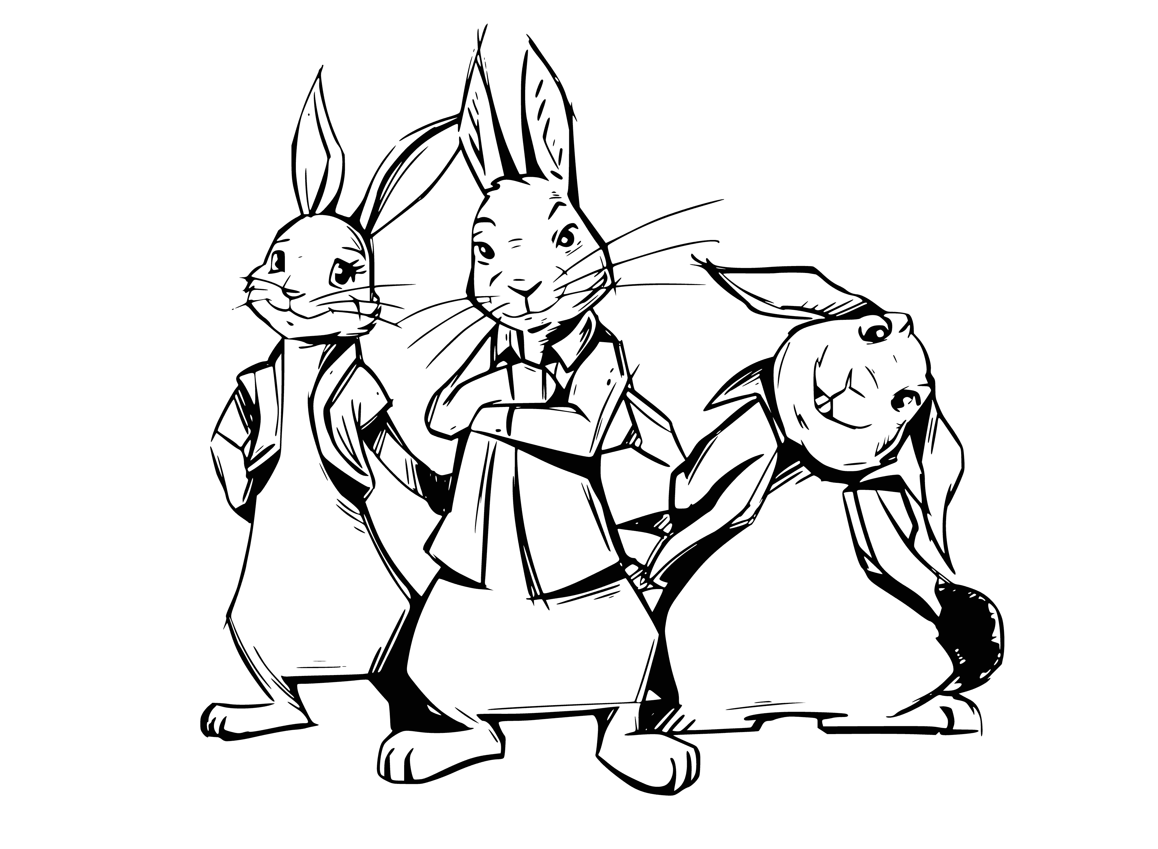 coloring page: Two rabbits, one white & one brown, stand & eat a carrot. The white rabbit has its paws in the air. #ColoringPage