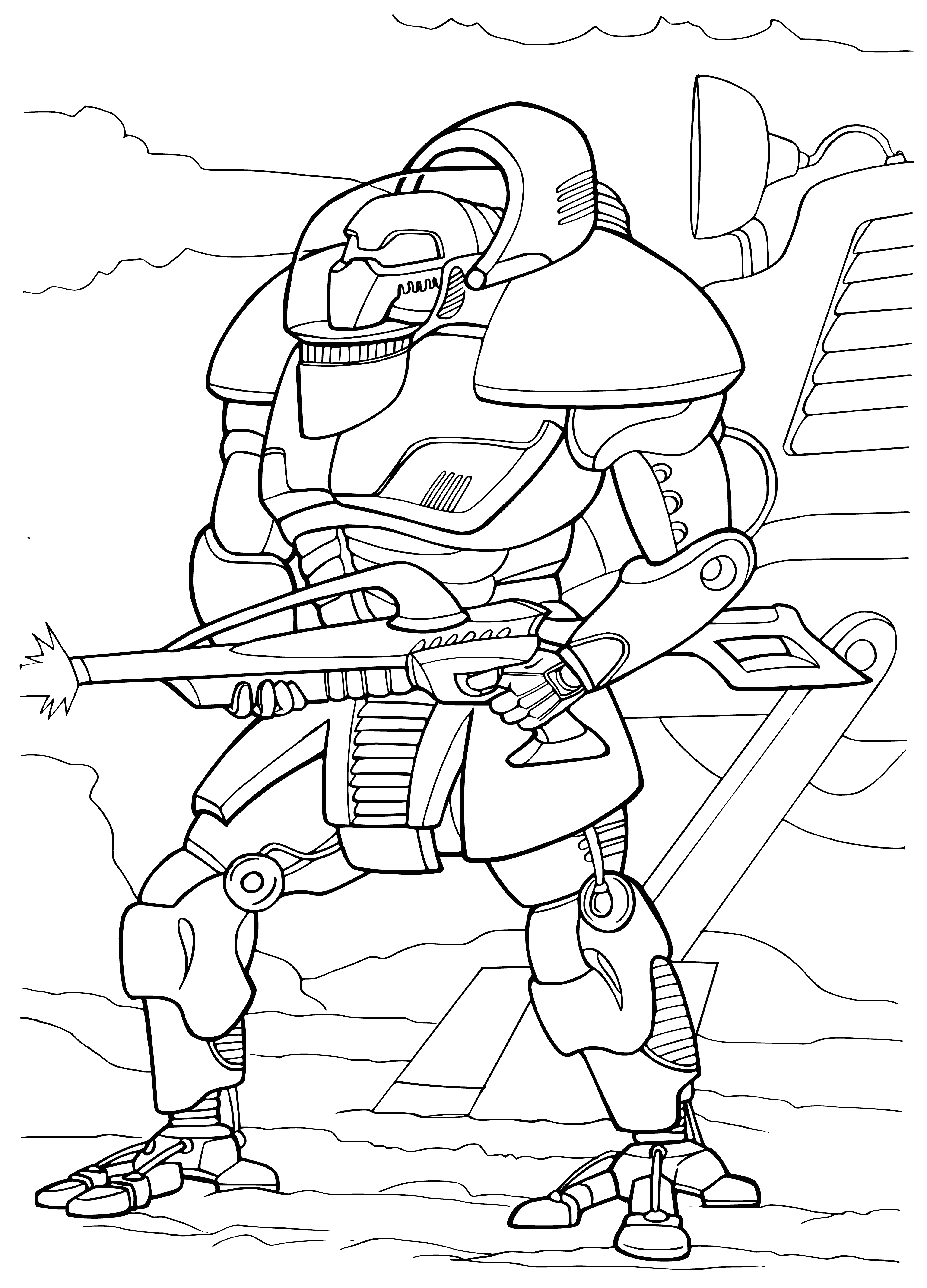 coloring page: Wars in the future between cyborgs. Powerful weapons & armor. Fierce battles. Lots of destruction & bloodshed.