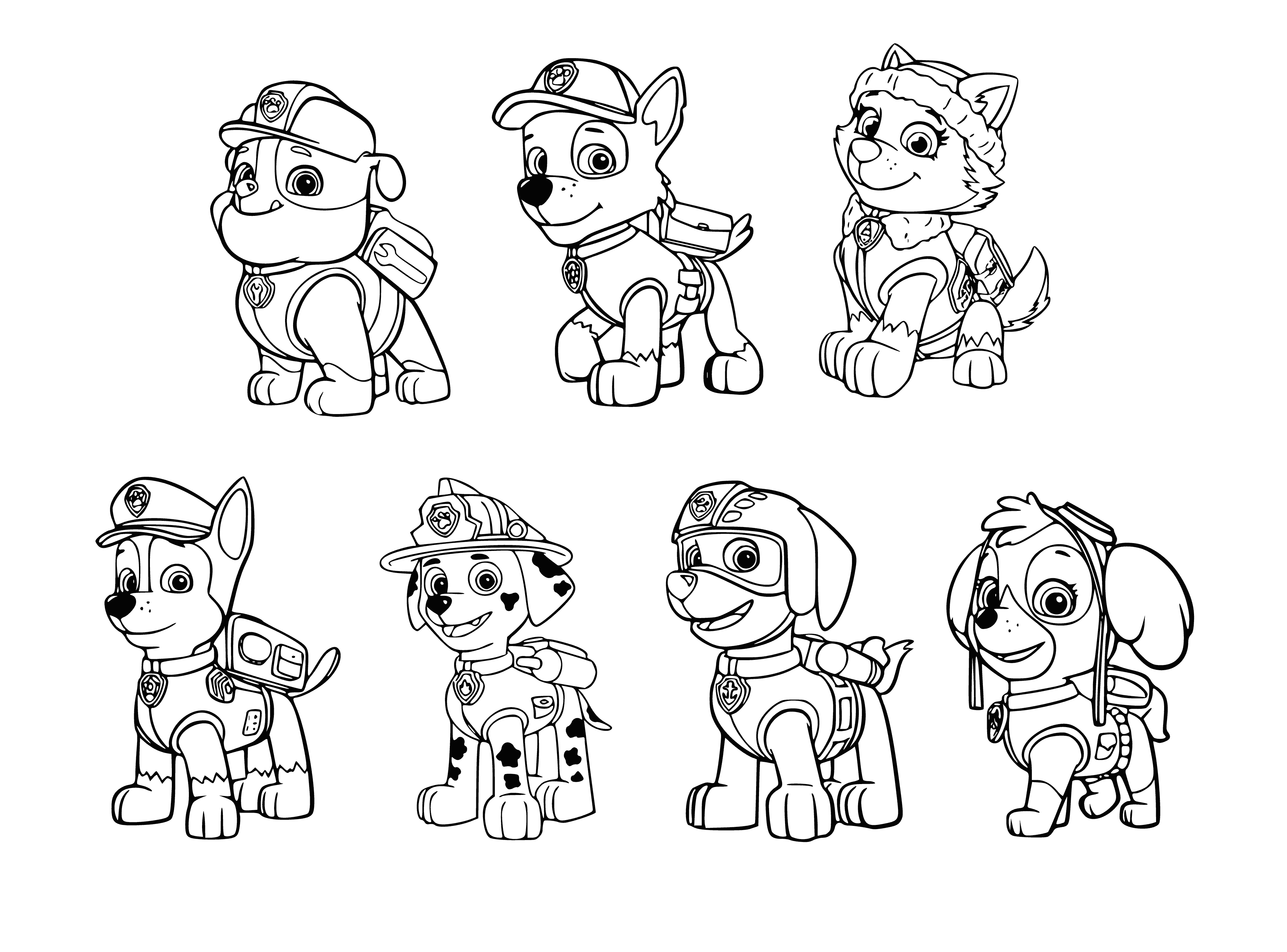 coloring page: The Paw Patrol puppies are trained and ready to help keep their community safe! Each pup has a unique uniform & job to do. #pawpatrol #medical #flashlight #rope #badge #communityservice